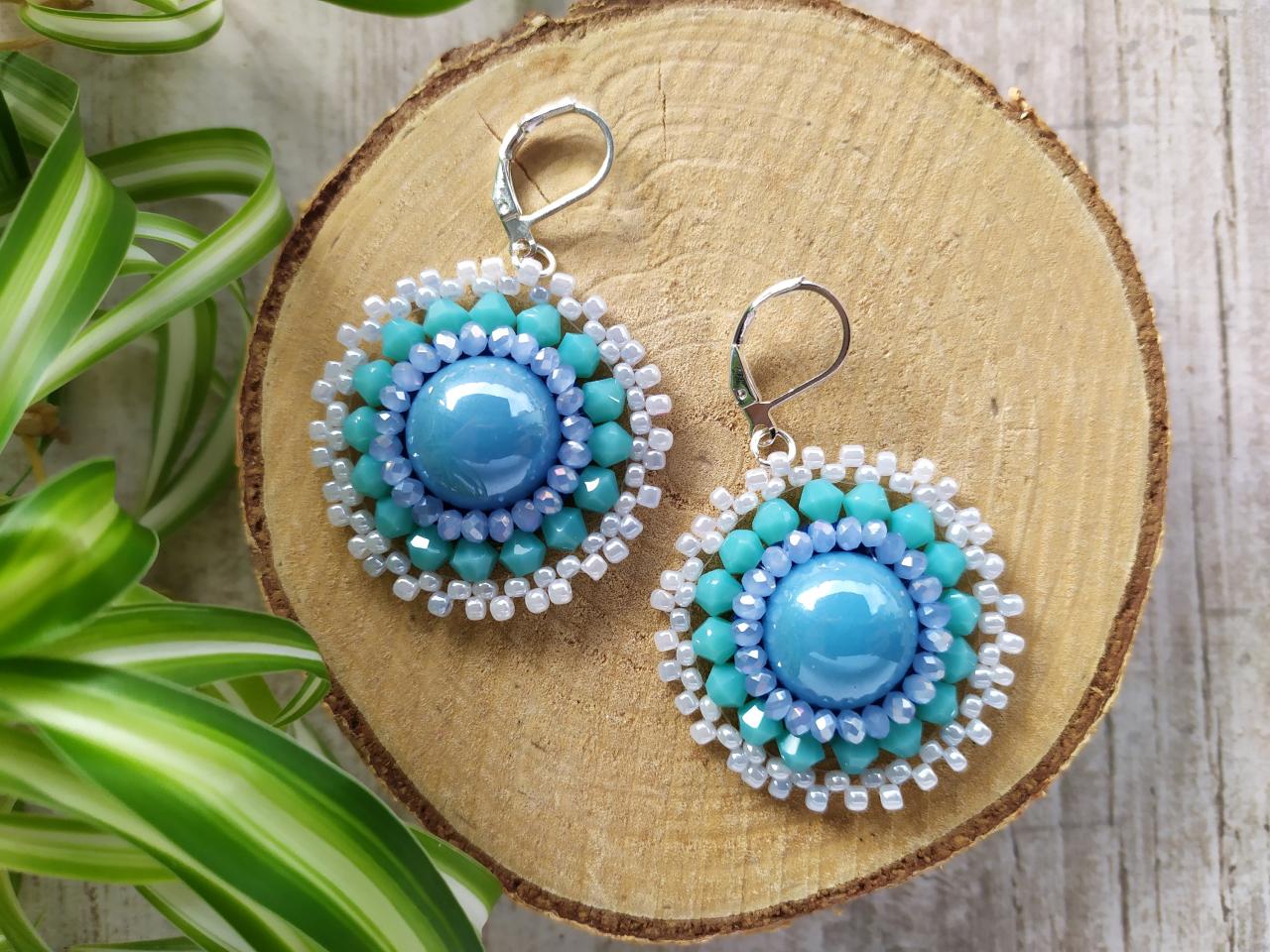 Celestial Collection: Light Blue Embroidered Earrings, Delicate Bead Embroidery Earrings, Winter Wonderland Boho Earrings, Ice Queen Dangles