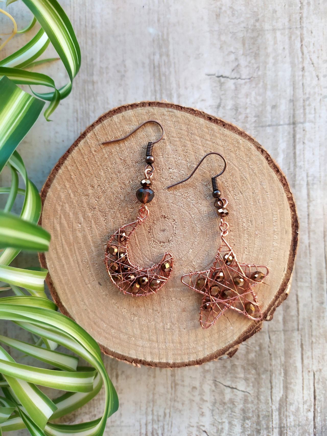 Celestial Collection: Copper Crescent Moon And Star Wire Wrapped Earrings, Brown Celestial Dangles, Mismatched Boho Wire Wrapped Earrings