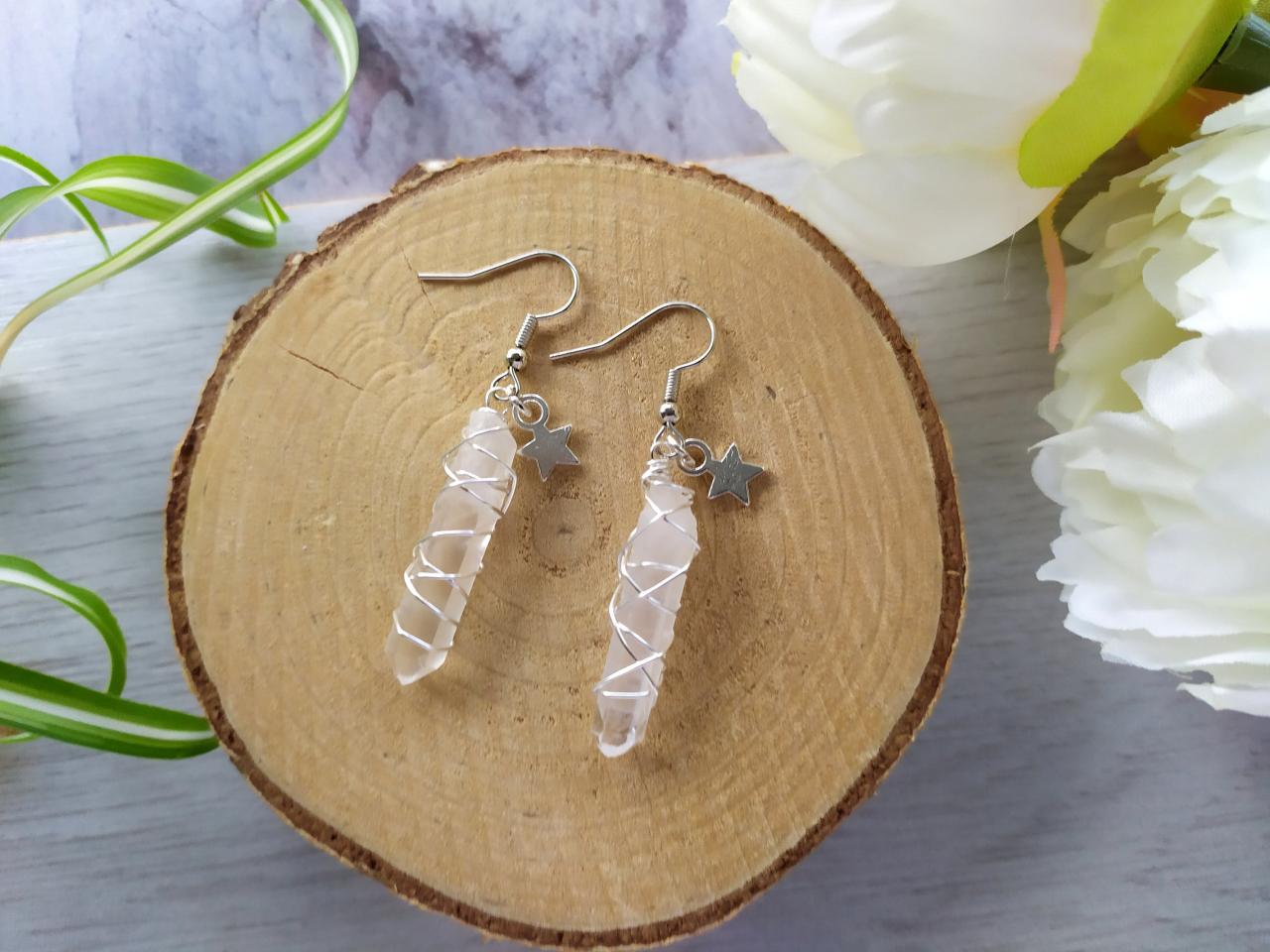 Clear Quartz Point Earrings, Raw Genuine Quartz Crystal Earrings, Dainty Gemstone Dangles,clear Wire Wrapped Crystal Points With Star Charms