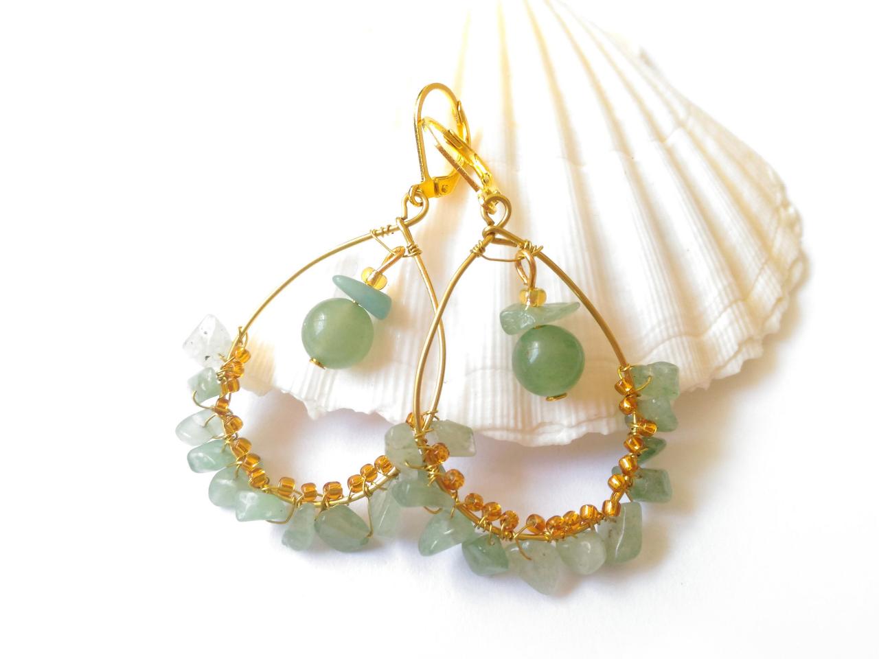 Aventurine Earrings, Green Aventurine Gemstone Earrings, Green And Gold Stone Earrings, Wire Wrapped Crystal Earrings, Brass Dangle Earrings