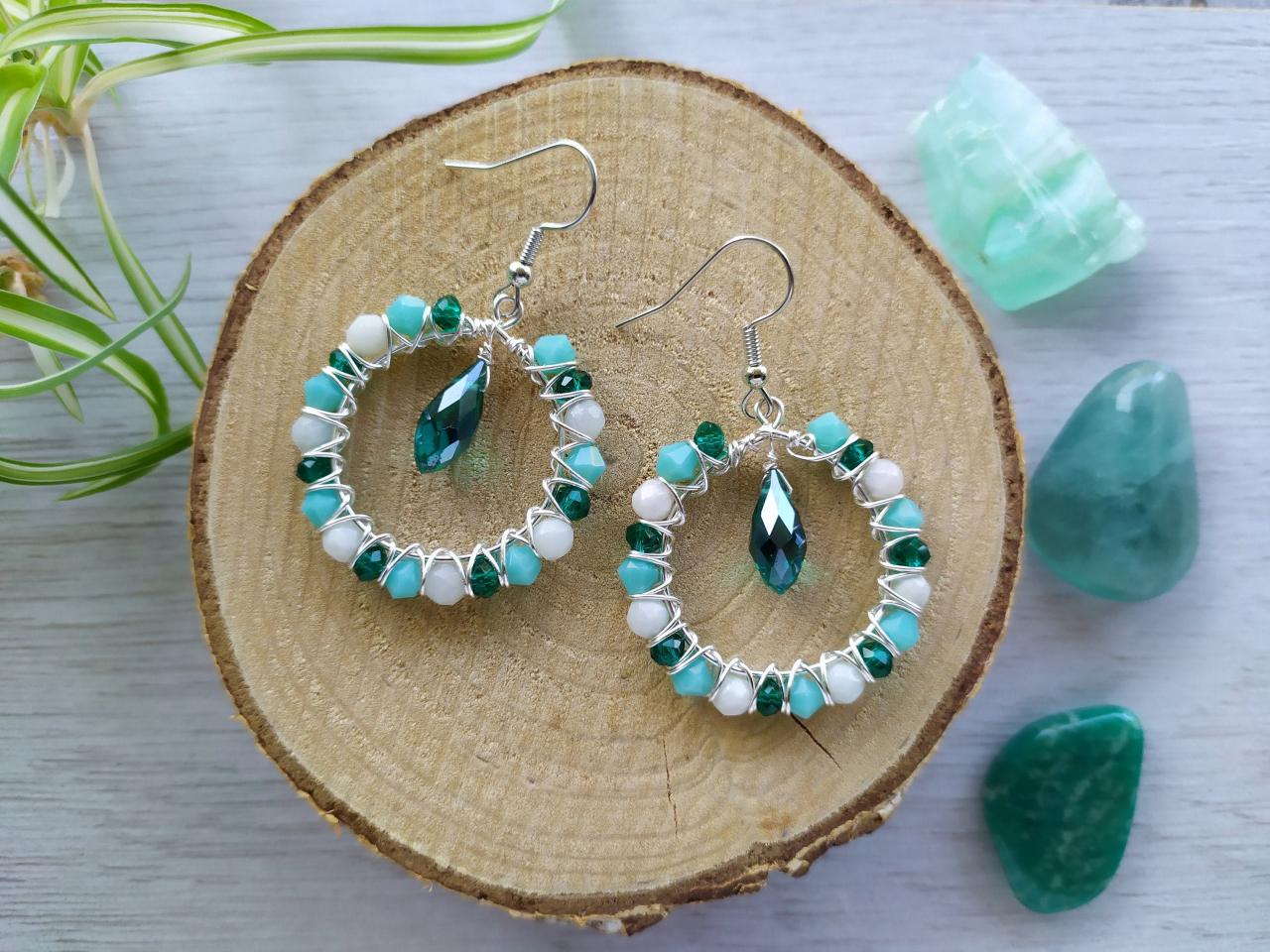 Emerald Green Hoop Earrings, Small Hoops With Amazonite And Glass Beads, Green Boho Beaded Earrings, Wire Wrapped Hoops With Dangle