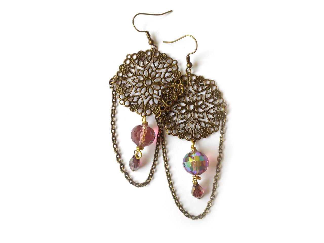 Long Boho Bronze Filigree Earrings With Purple Glass Beads, Lightweight Chain Earrings, Purple Bohemian Chandelier Earrings, Gift For Her