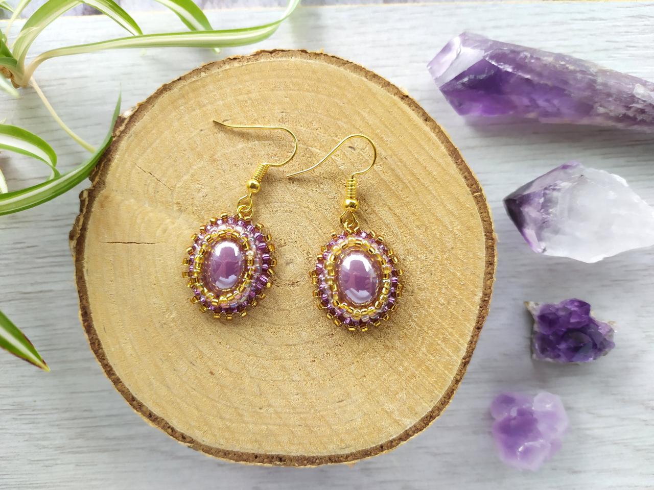 Lavender Purple And Gold Earrings, Bead Embroidered Seed Beads Earrings With Porcelain Cabochon, Purple Boho Dangles, Elegant Delicate Drop