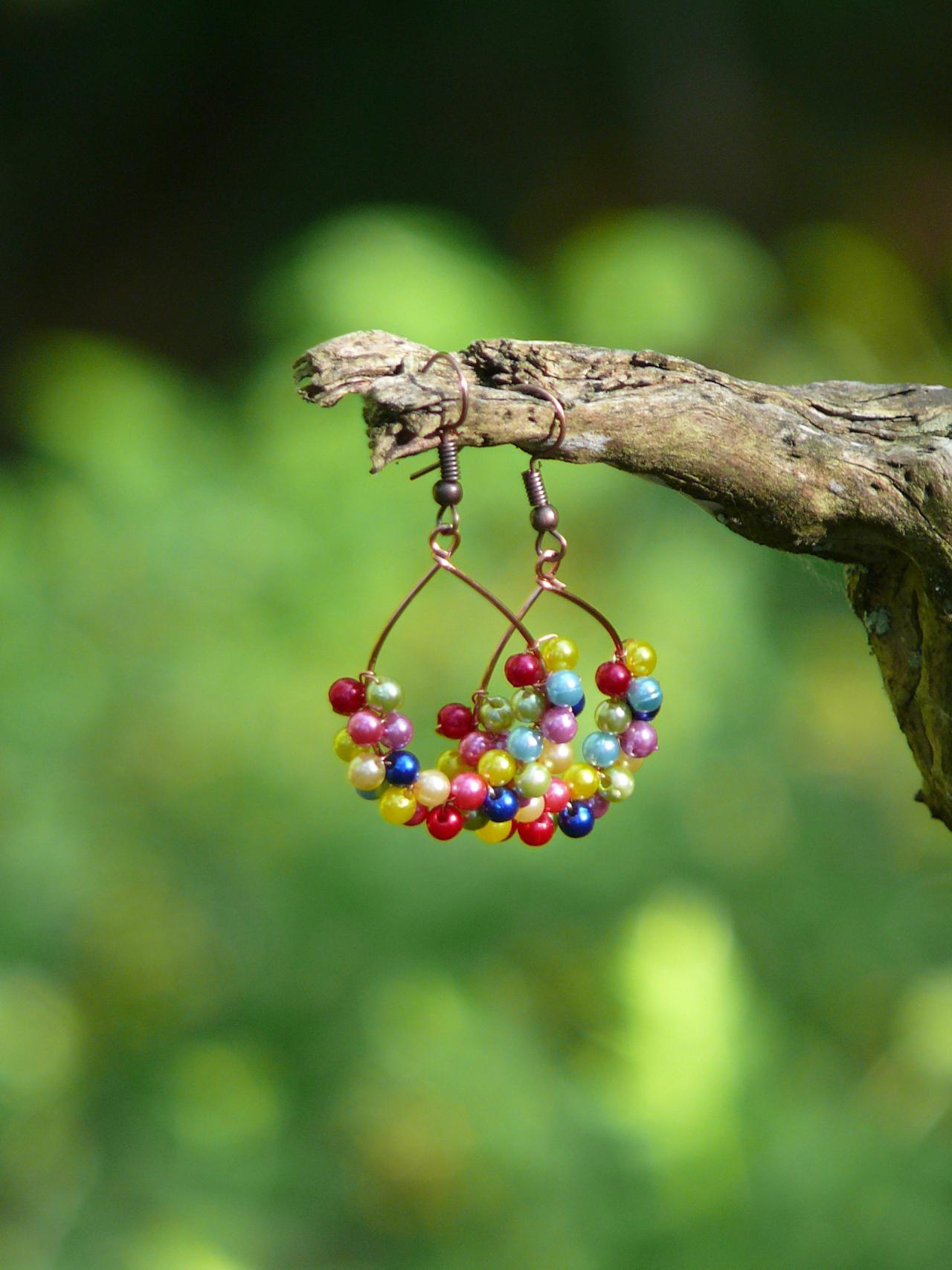 Small Rainbow Earrings, Multicolor Bubbly Earrings With Pearl Beads, Wire Wrapped Multicolor Earrings, Boho Earrings, Gift For Her