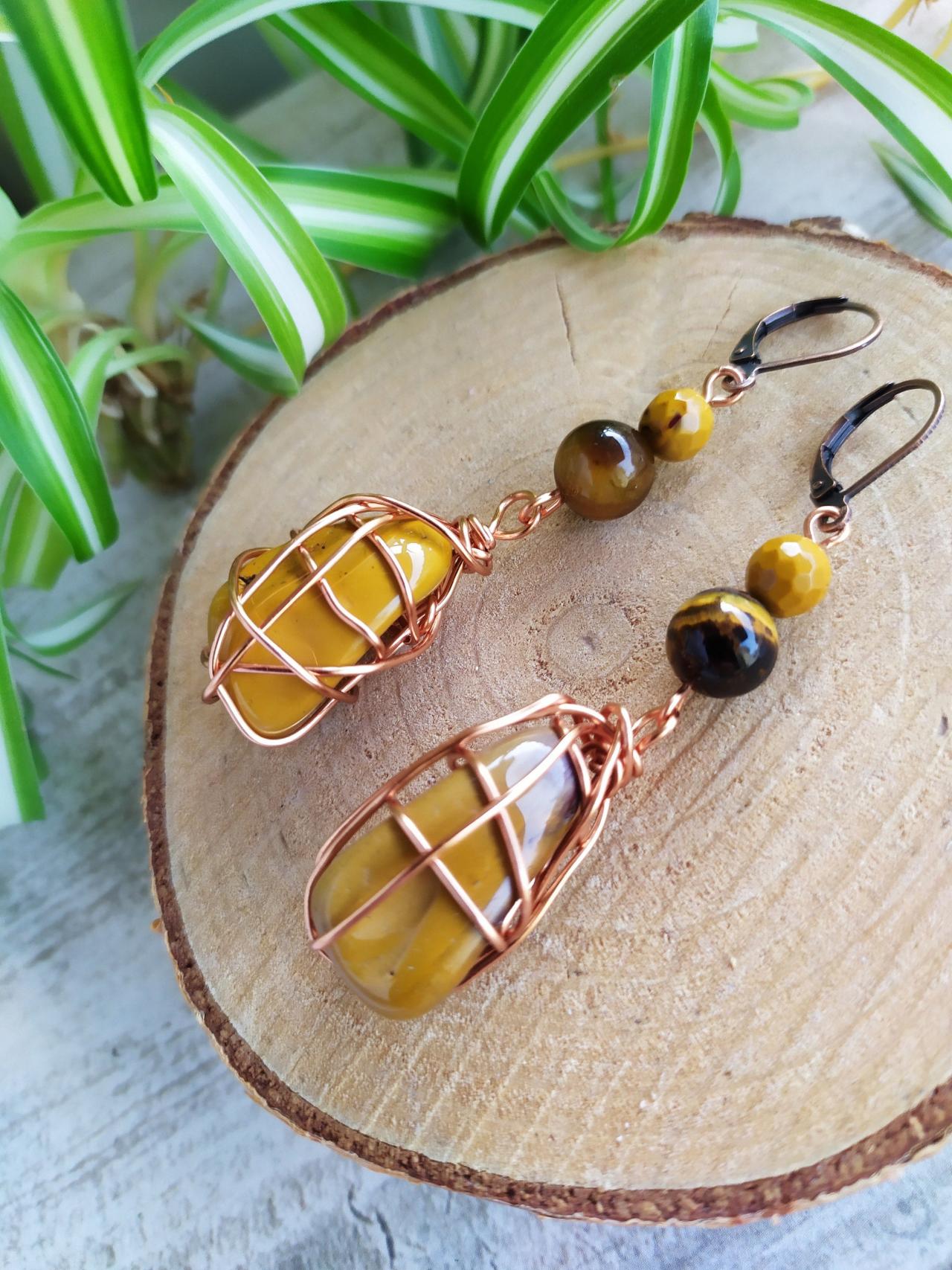 Mustard Yellow Mookaite Stone Dangle Earrings, Natural Stone Yellow Dangle Boho Earrings, Wire Wrapped Copper Statement Gemstone Earrings