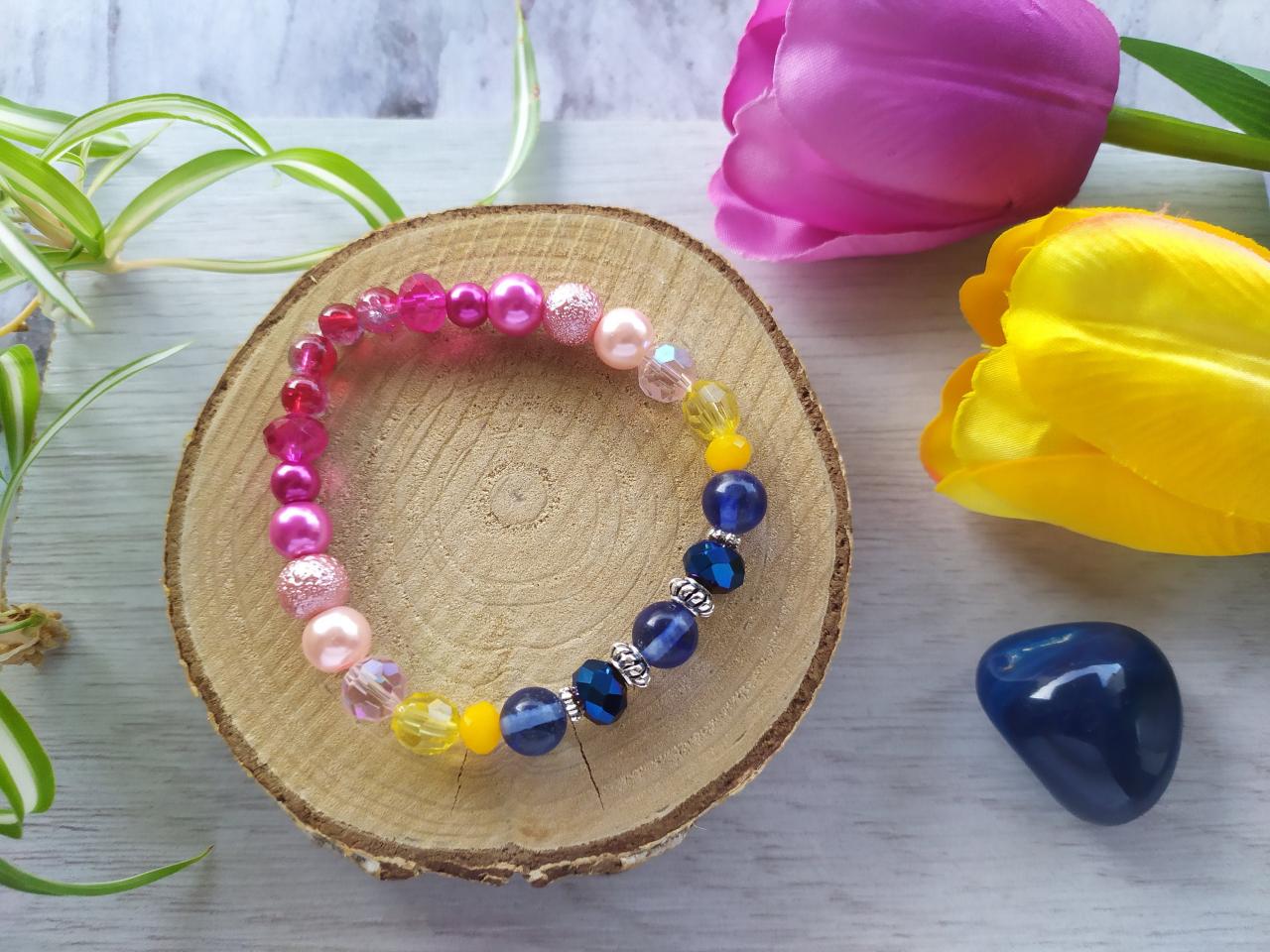 Spring Collection: Pink Yellow Blue Stretch Bracelet, Dark Blue Soft Pink Yellow Beaded Bracelet, Pink Yellow Blue Elastic Bracelet