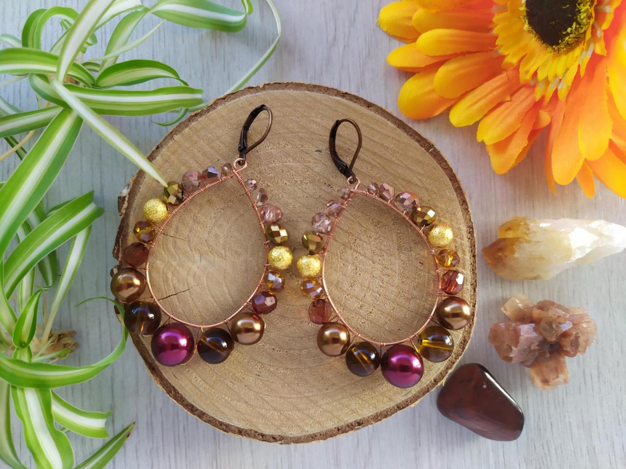 Brown Chandelier Earrings, Autumn Earrings, Seasonal Earrings, Beaded Earrings, Bronze Earrings, Golden Earrings