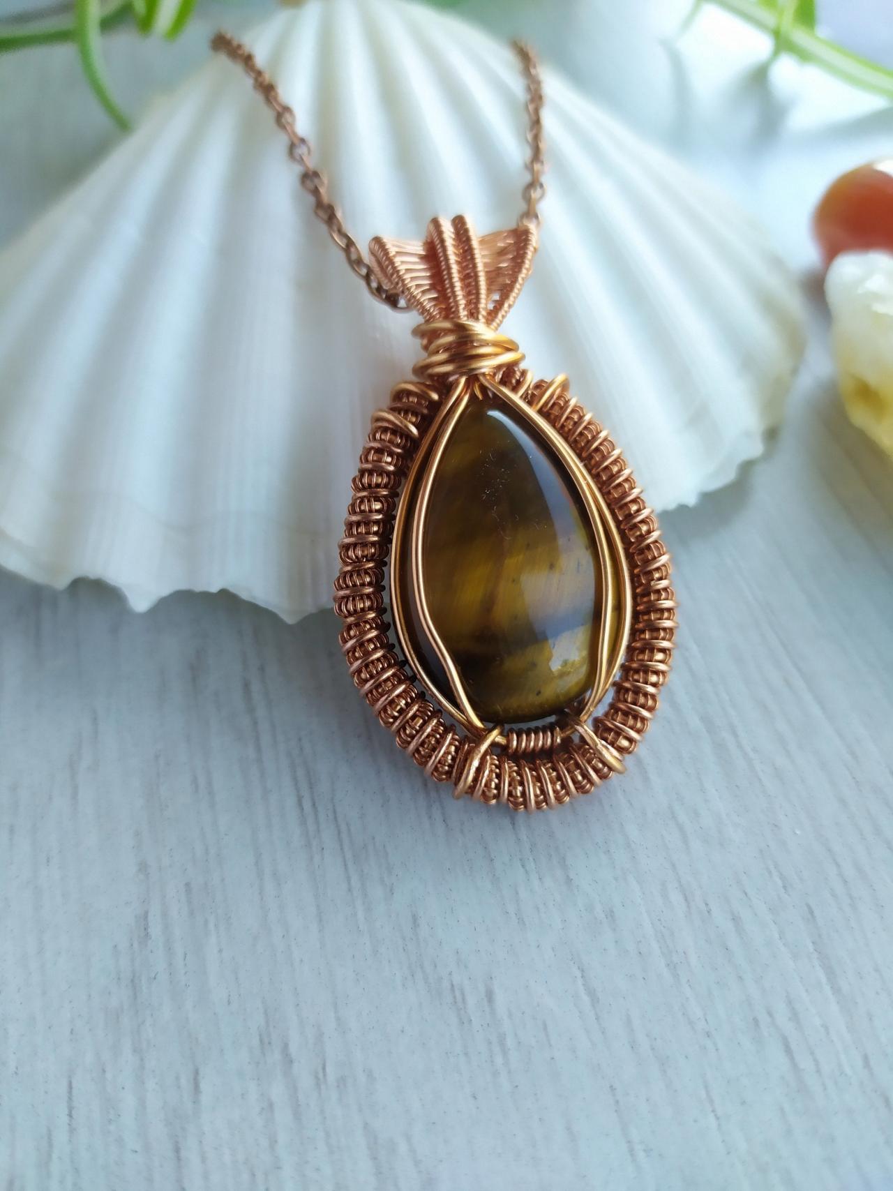 Tiger's Eye Wire Wrapped Copper Pendant, Brown Gold Gemstone Necklace, Delicate Stone Necklace, Bohemian Jewelry, Wire Wrapped Coil