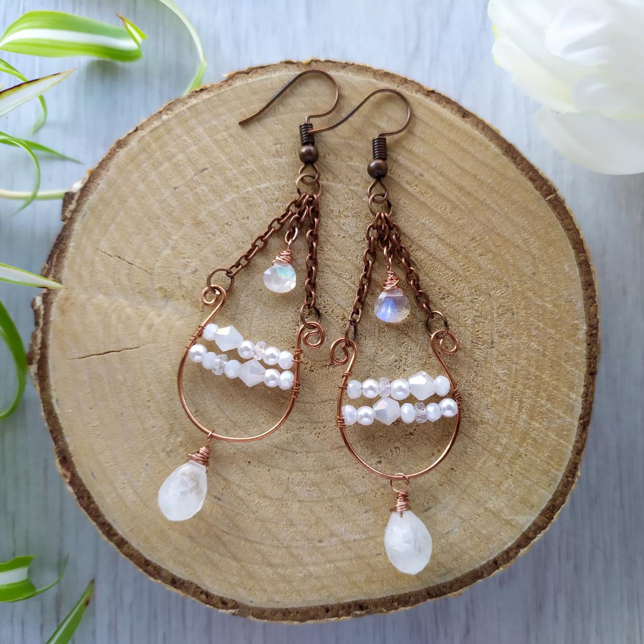 White Wedding Earrings With Rainbow Moonstone Briolette, Dainty Bridal Copper Earrings With Gemstone, Rainbow Moonstone Chandelier Earrings