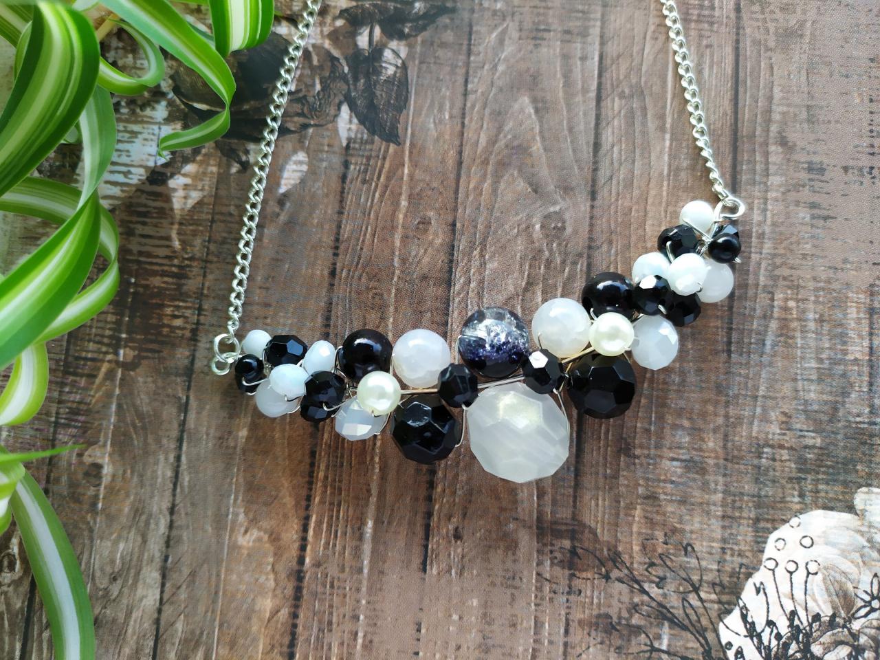 Black And White Necklace, White And Black Beaded Necklace, Wire Wrapped Silver Necklace, One Of A Kind Bohemian Necklace, Bib Necklace
