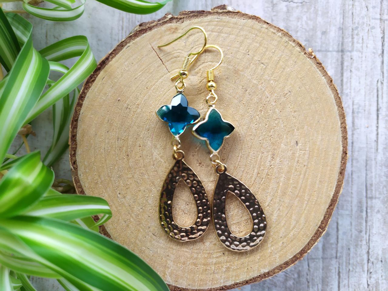 Blue Gold Dangle Earrings, Ocean Blue Boho Earrings, Geometric Statement Earrings, Bohemian Blue Dangles, Long Elegant Light Blue Earrings