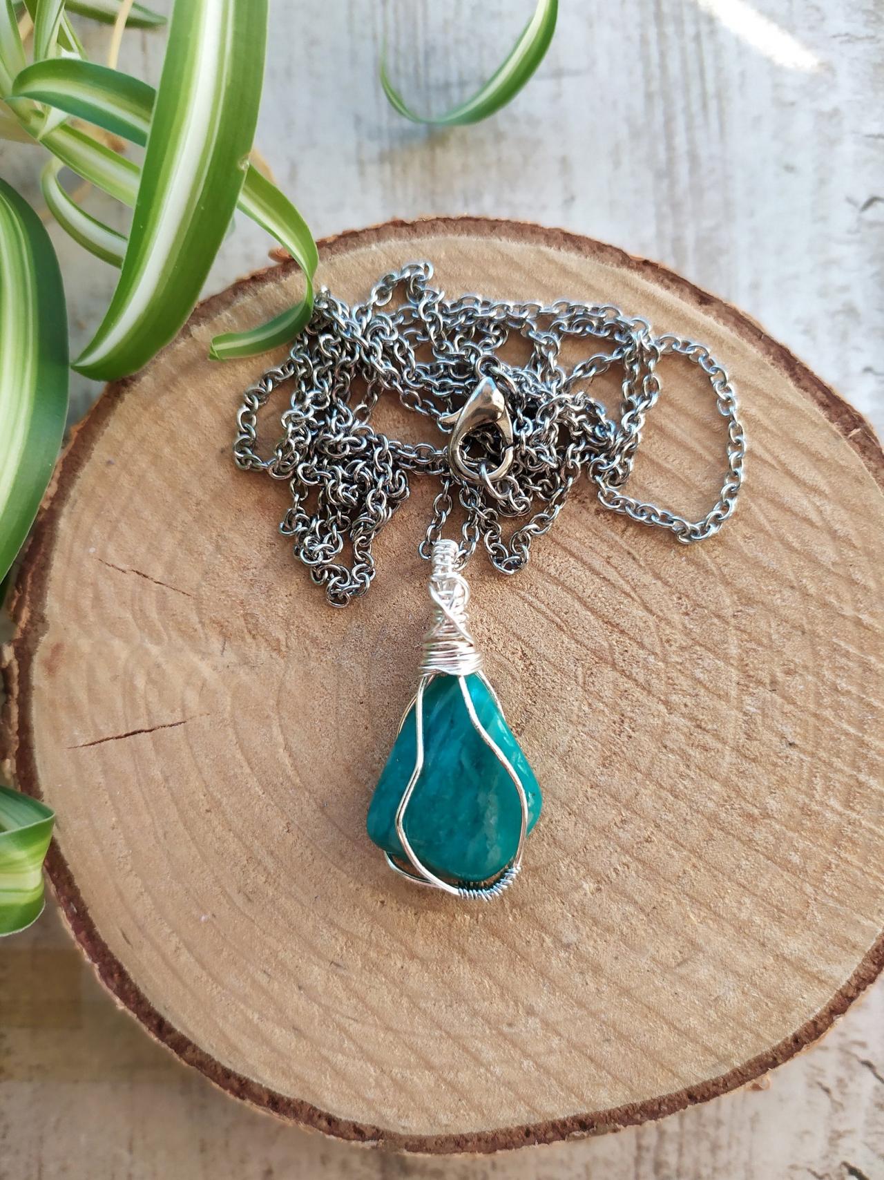 Wire Wrapped Silver Amazonite Pendant, Green Gemstone Necklace, Bohemian Long Chain Layering Pendant,natural Stone Choker, 4 In One Necklace