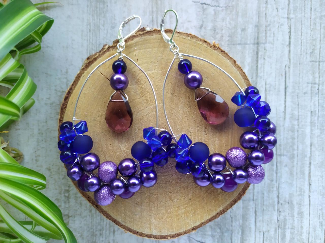 Large Purple Blue Bubbly Hoops, Dark Blue Boho Wire Wrapped Earrings, Purple And Silver Oval Hoops, Statement Beaded Bohemian Earrings