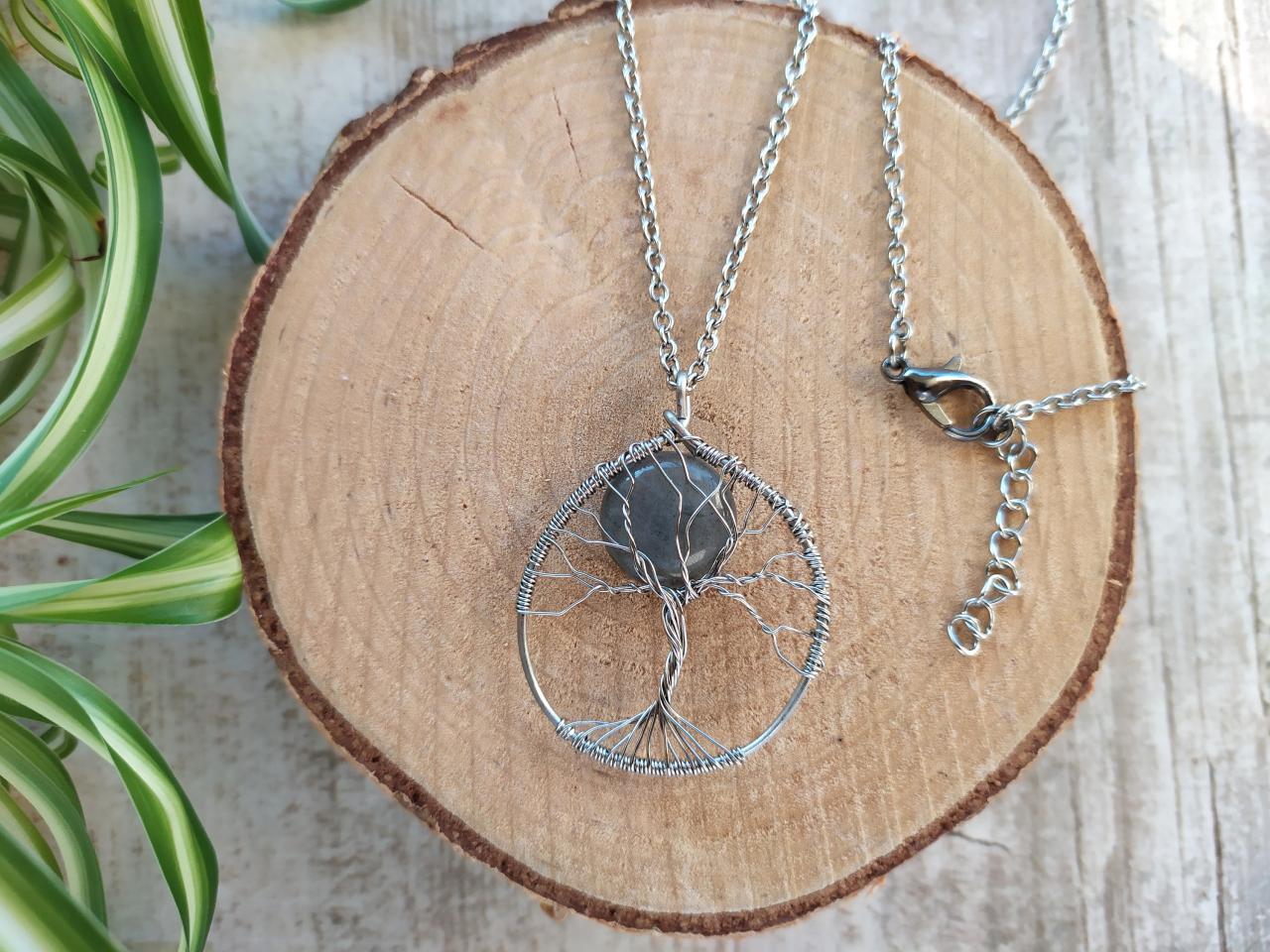 Labradorite Tree Of Life Pendant, Wire Wrapped Steel Necklace, Wire Tree Gemstone Pendant, Tree Of Life With Labradorite Moon Steel Necklace