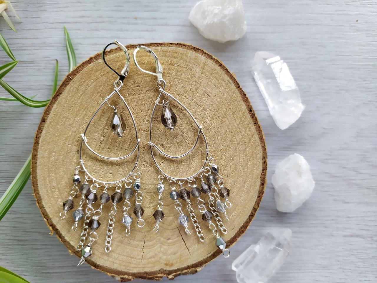 Silver Moon Chandelier Earrings, Long Wire Wrapped Gemstone Earrings, Grey Boho Labradorite Dangle Earrings, Statement Bohemian Jewelry