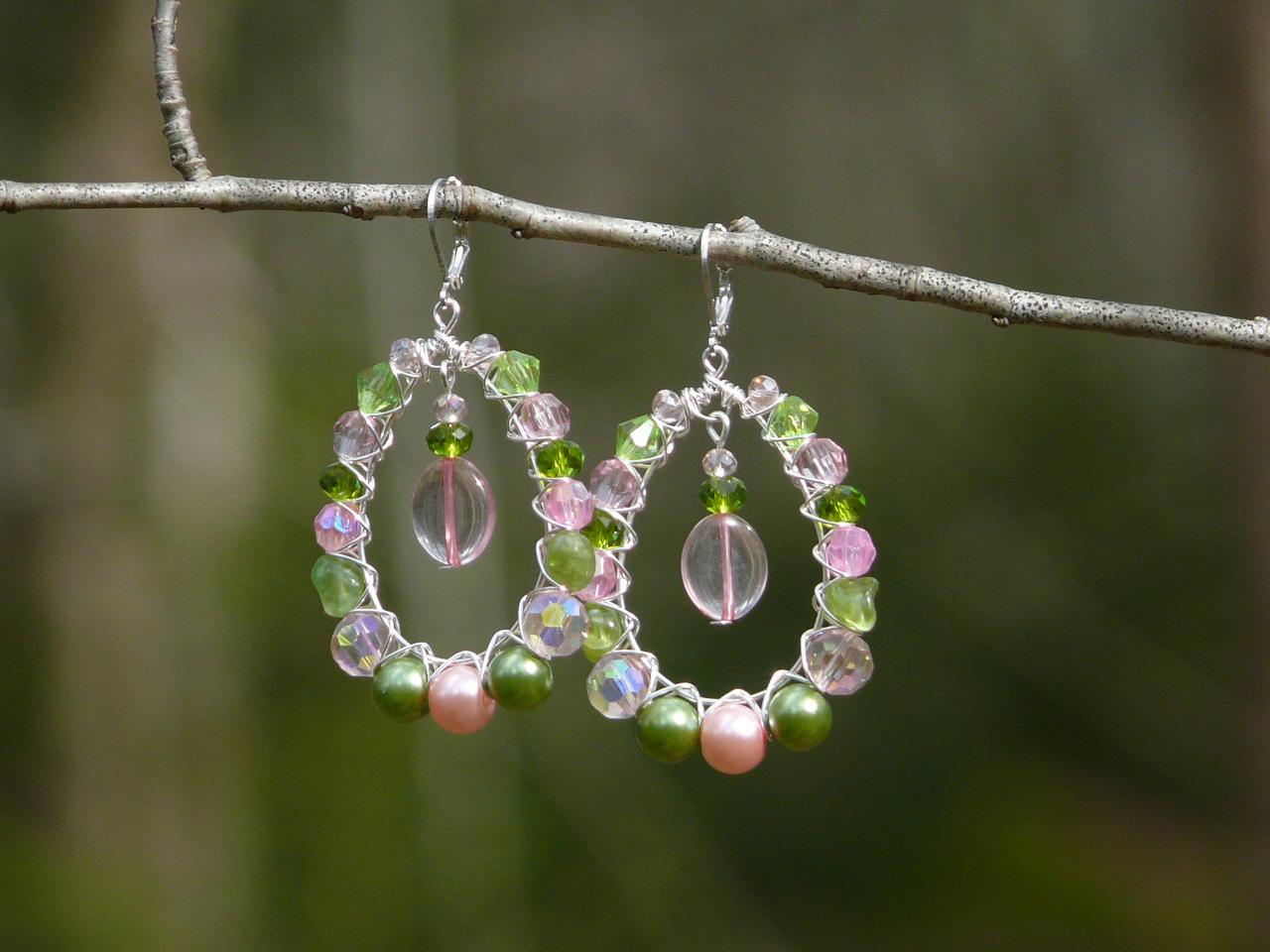 Green And Pink Bubbly Hoops With Peridot Gemstone, Wire Wrapped Silver Statement Hoop Earrings, Green Pink Boho Earrings, Bohemian Jewelry