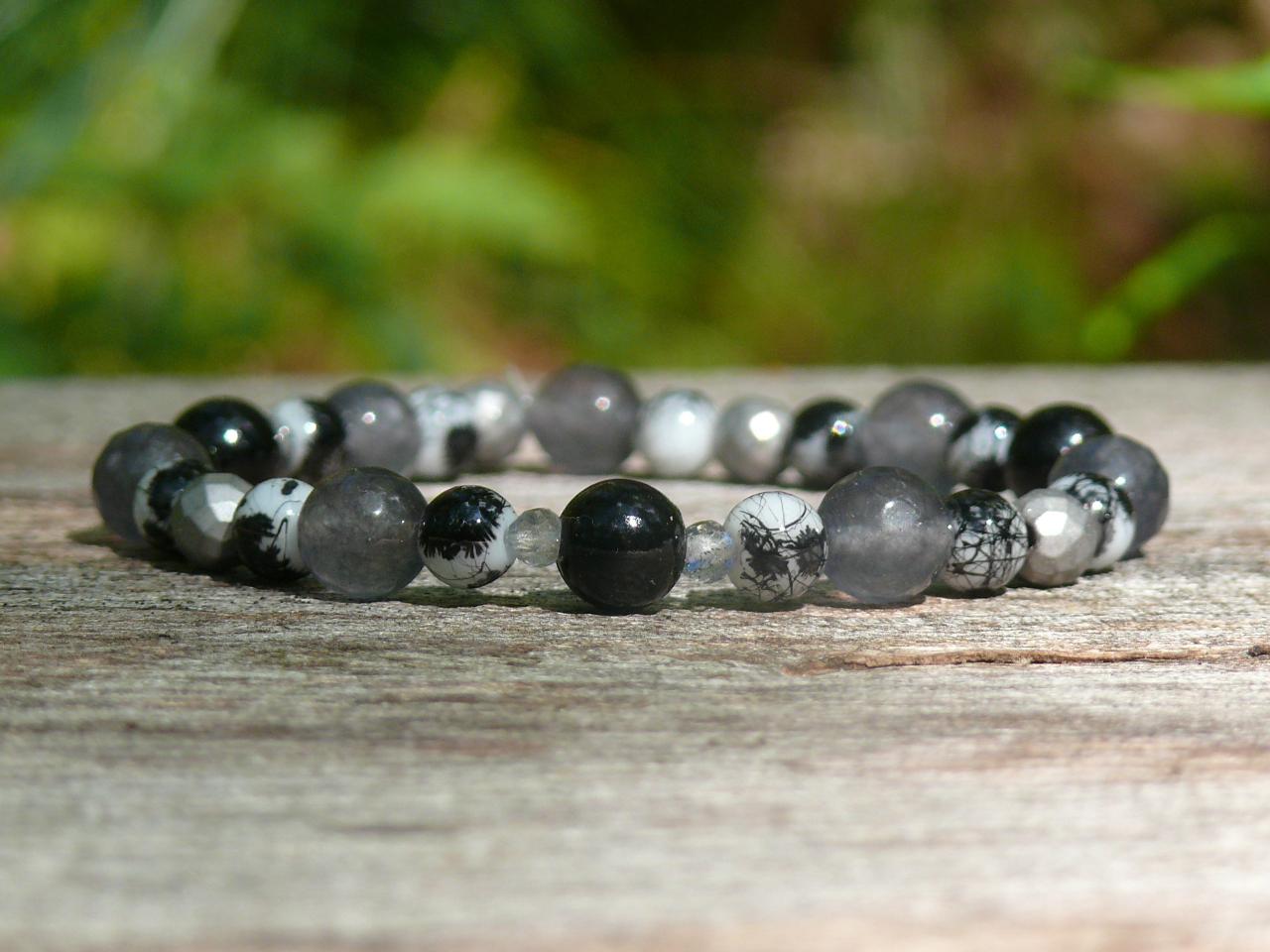 Black mixed gemstone bracelet, Agate Hematite Labradorite boho bracelet,Elegant grey stretch bracelet, Healing protection Bracelet for men