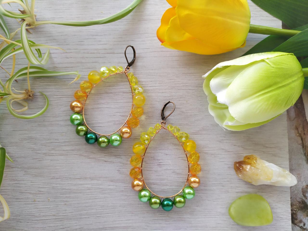Yellow Green Boho Earrings, Citrus Inspired Earrings, Ombre Beaded Hoops, Bohemian Jewelry, Statement Earrings, Summer Vibes,floral Inspired