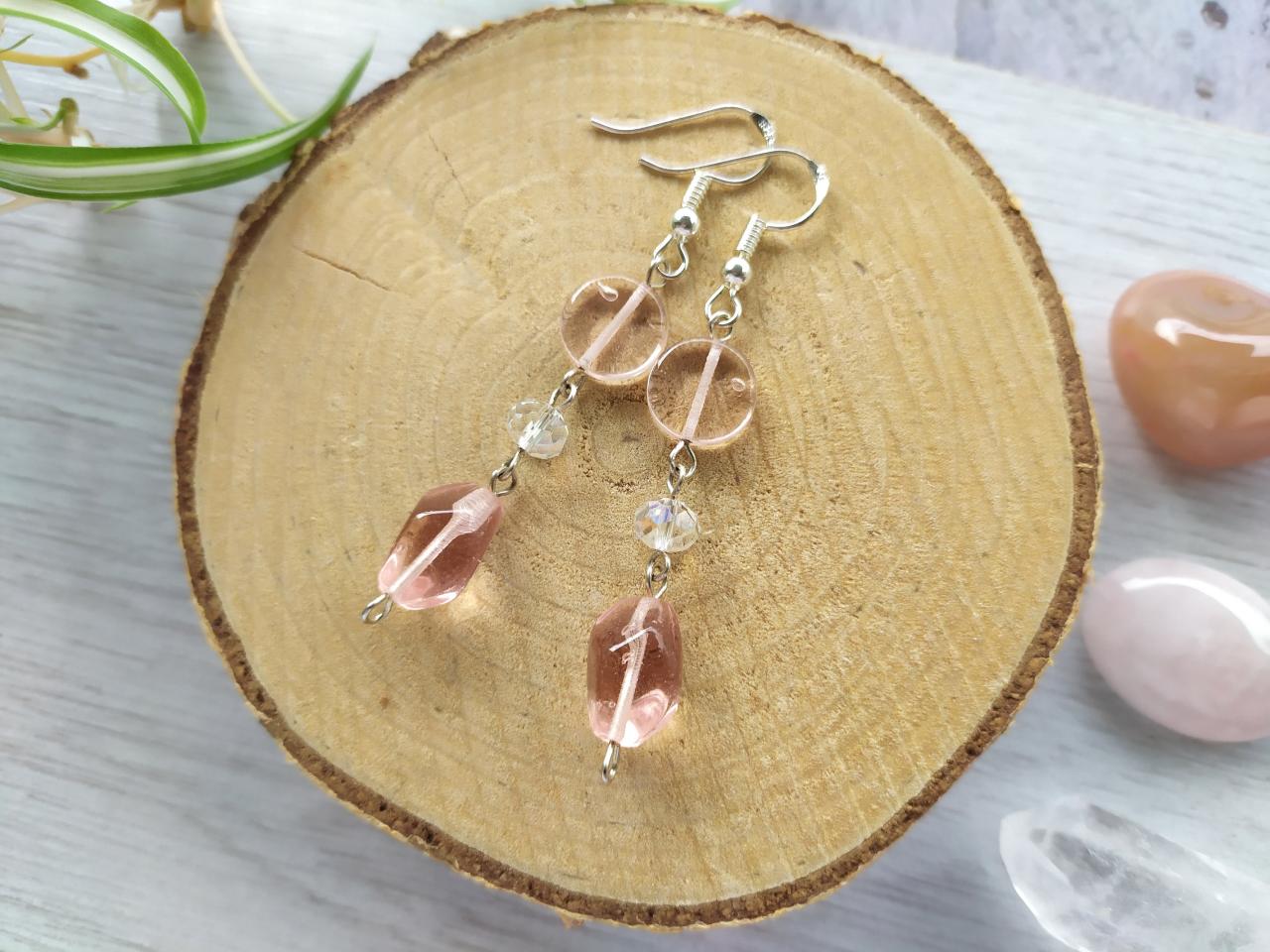 Pink Dangle Earrings, Pink Boho Dangles, Simple Light Pink Earrings With Glass Beads, Pink And Silver Earrings, Casual Jewelry, Gift For Her