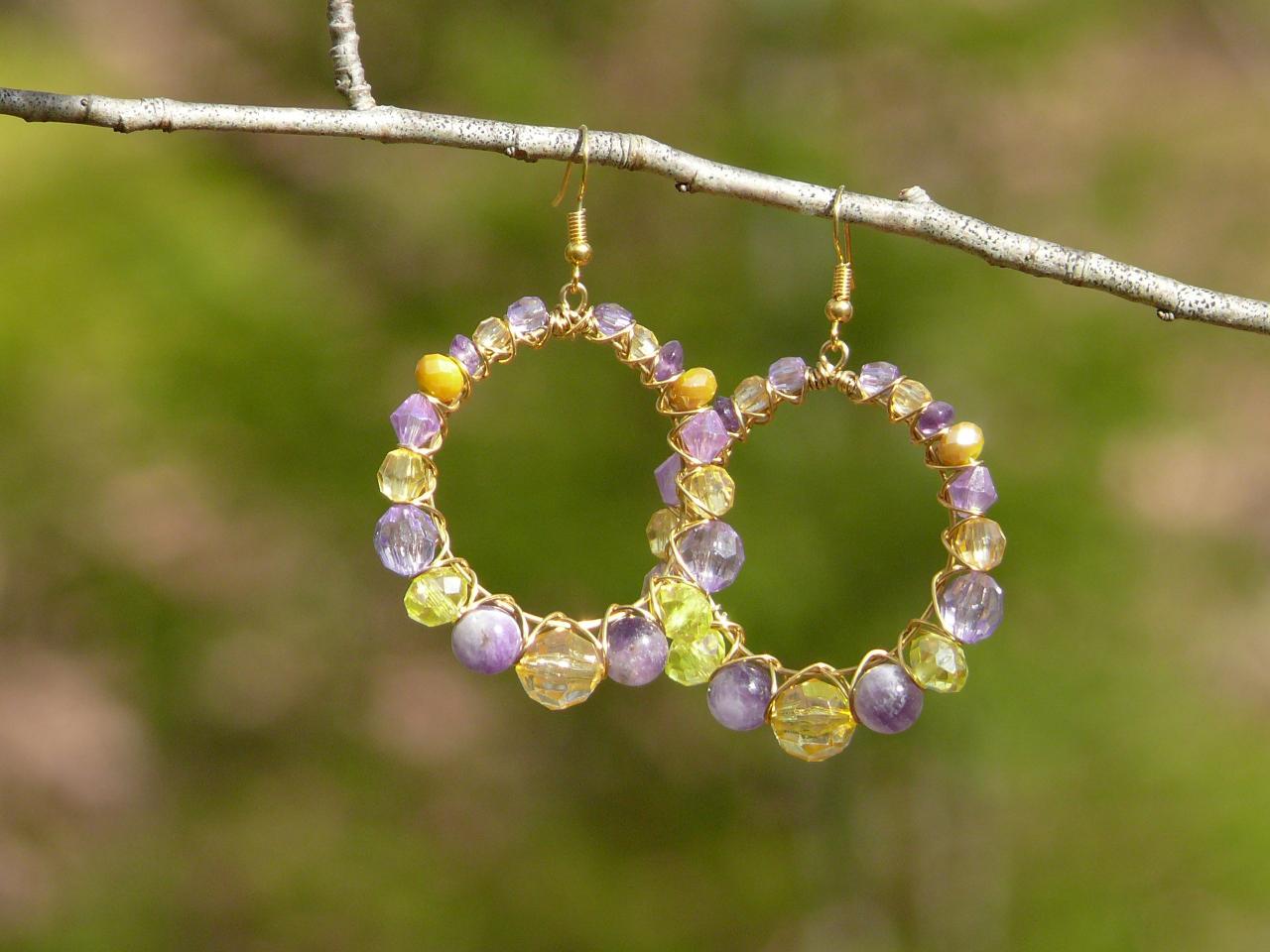 Purple And Yellow Hoop Earrings, Wire Wrapped Brass Hoops, Yellow Purple Boho Earrings, Statement Jewelry, Summer Happy Colored Dangles
