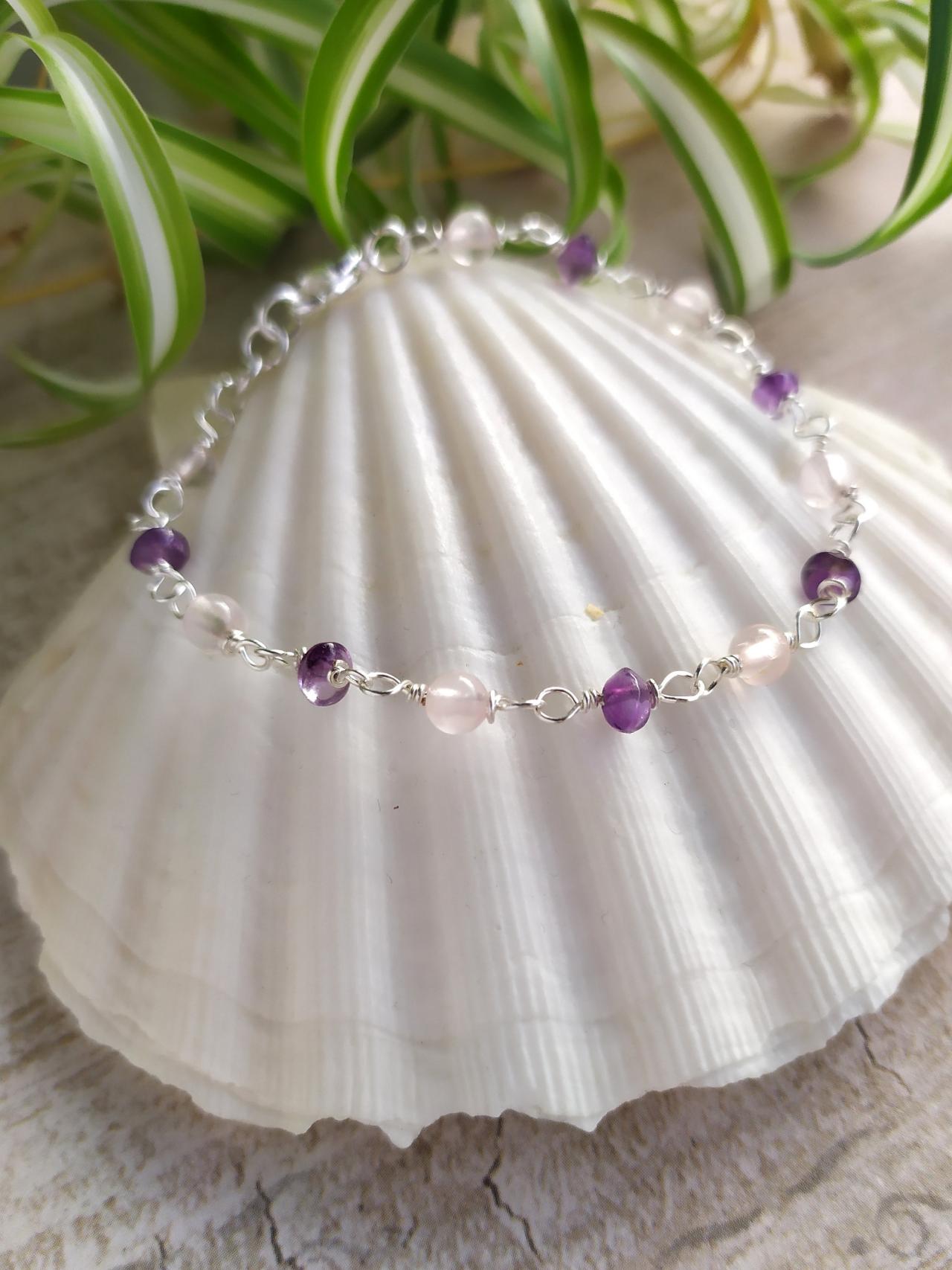Amethyst Rose Quartz Bead Chain Bracelet, Pink And Purple Boho Gemstone Bracelet, Natural Stone Bracelet, Romantic Bohemian Jewelry Bracelet