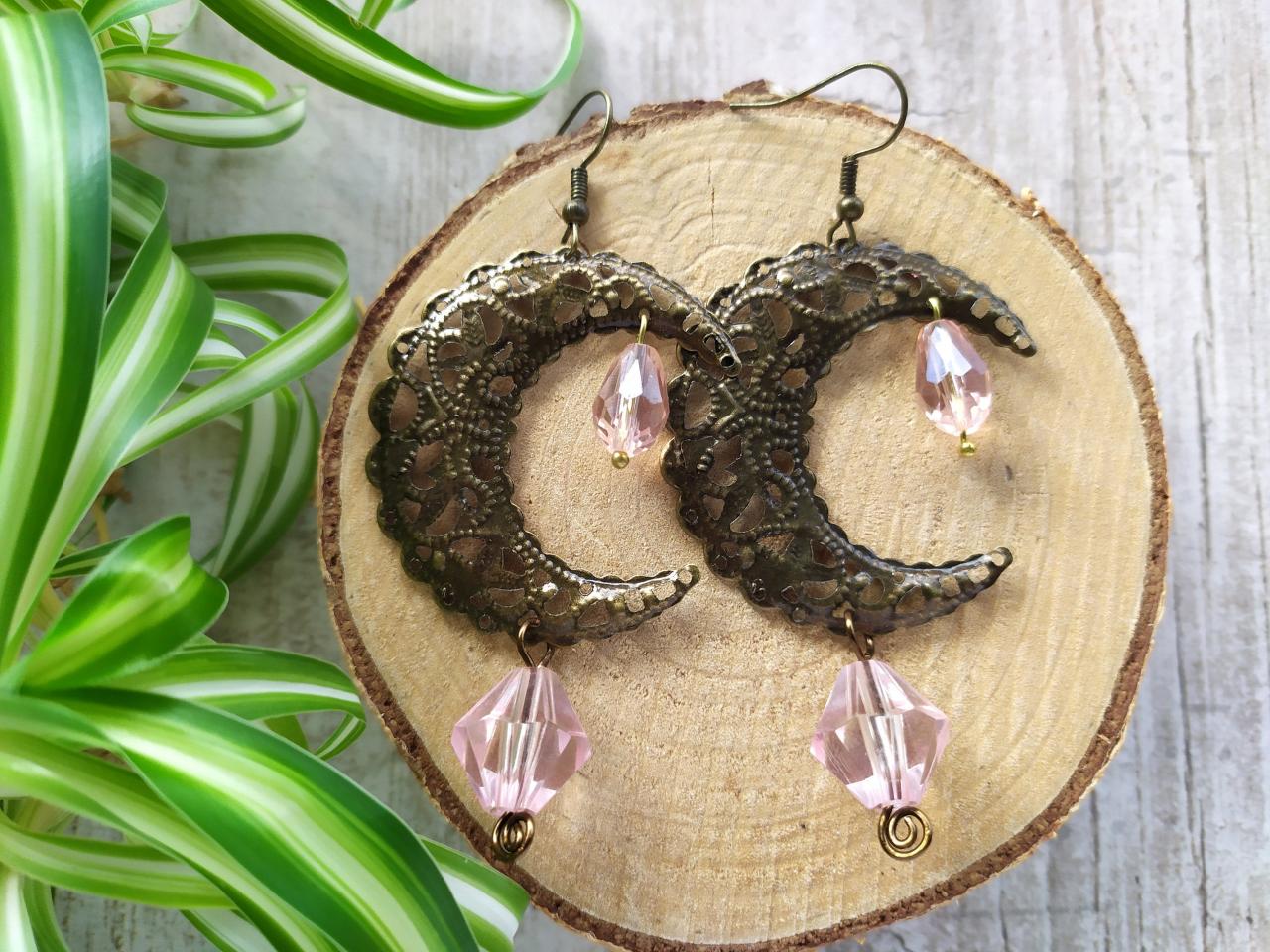 Pink Boho Earrings, Crescent Moon Bronze Earrings, Antique Brass Earrings, Soft Pink Beaded Earrings, Gypsy Pink Chandelier Earrings
