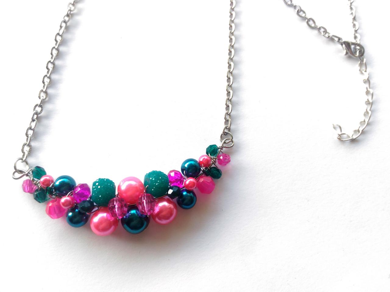 Magenta And Teal Beaded Necklace, Wire Wrapped Stainless Steel Bib Necklace, Pink And Teal Boho Necklace, Bohemian Statement Jewelry
