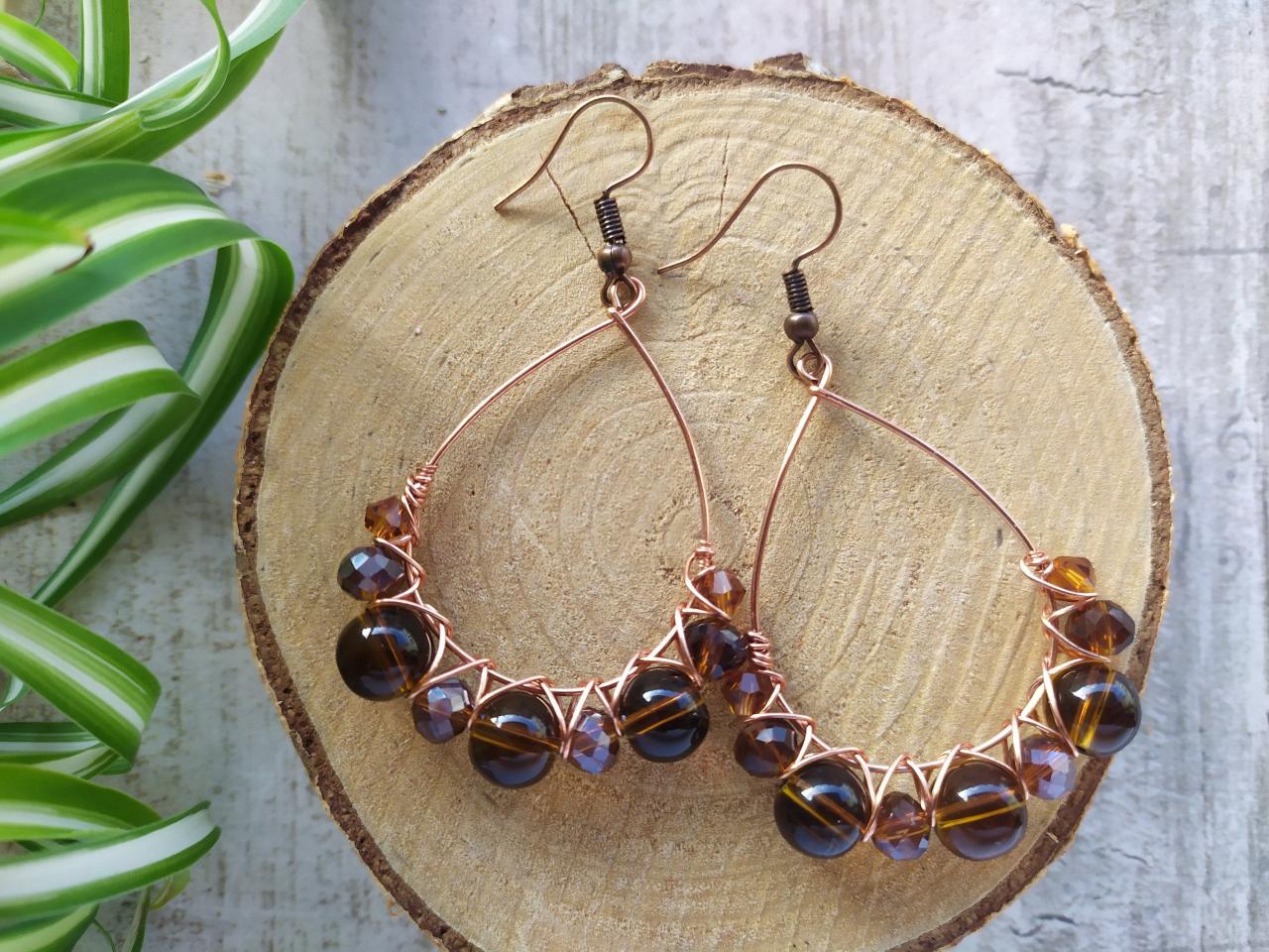 Brown Beaded Earrings, Brown And Copper Bubbly Hoops, Wire Wrapped Copper Elegant Earrings, Autumn Style Earrings, Earrings In Natural Tones