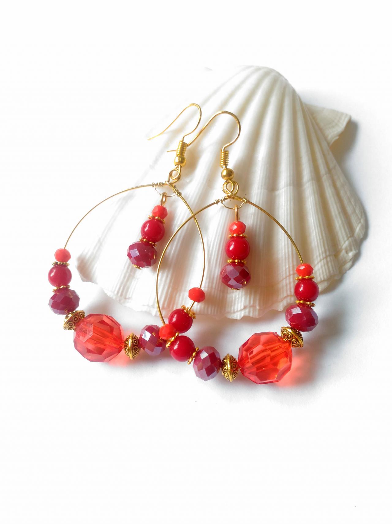 Red Boho Hoops, Bohemian Hoop Earrings, Red Chandelier Earrings, Red And Gold Gypsy Earrings, Gift For Her, Large Beaded Hoops