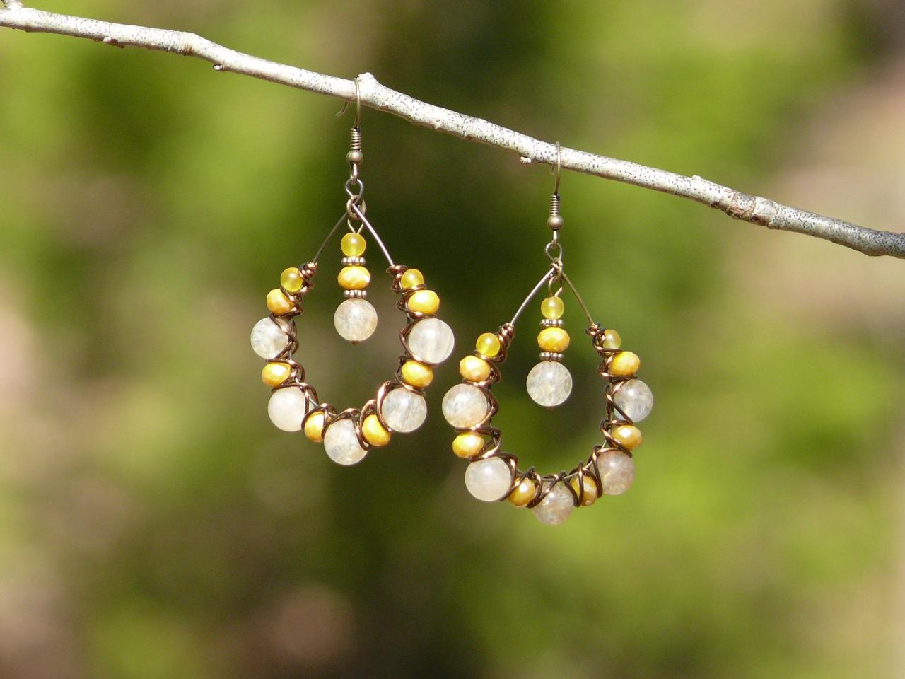 Rutilated Quartz And Agate Bubbly Hoops, Yellow Gemstone Boho Earrings, Wire Wrapped Bronze Earrings,beaded Chandelier Earrings,gift For Her