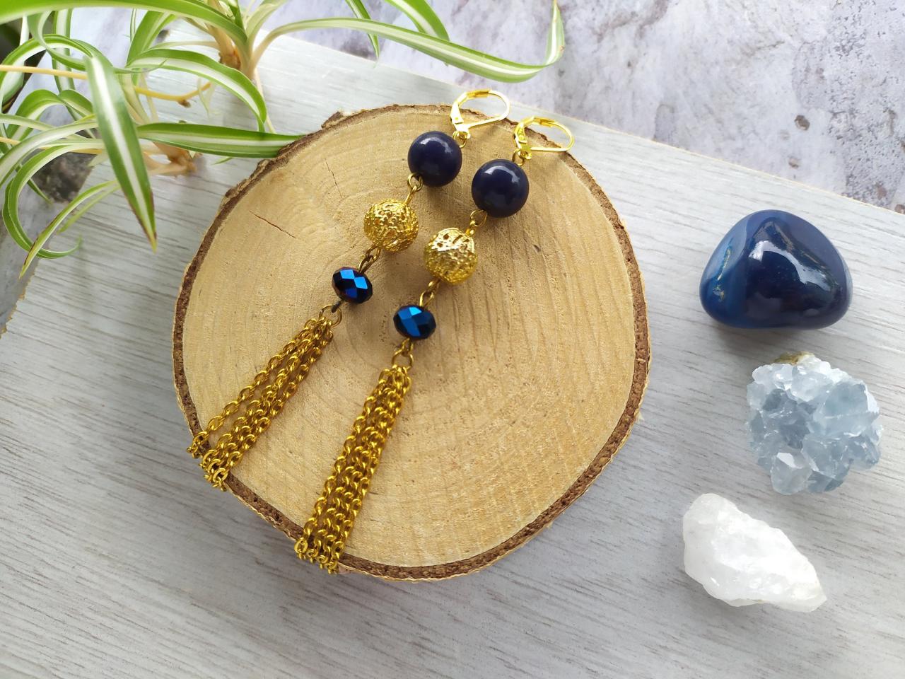 Long Dark Blue And Gold Earrings, Dainty Chain Earrings, Royal Blue Gold Beaded Earrings With Chains, Long Blue Boho Chandelier Earrings