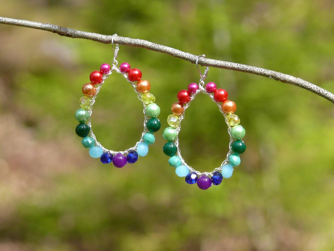 Rainbow Earrings, Chakra Earrings, Colorful Wire Wrapped Earrings, Rainwbow Hoop Earrings, Colorful Boho Earrings, Vibrant Earrings