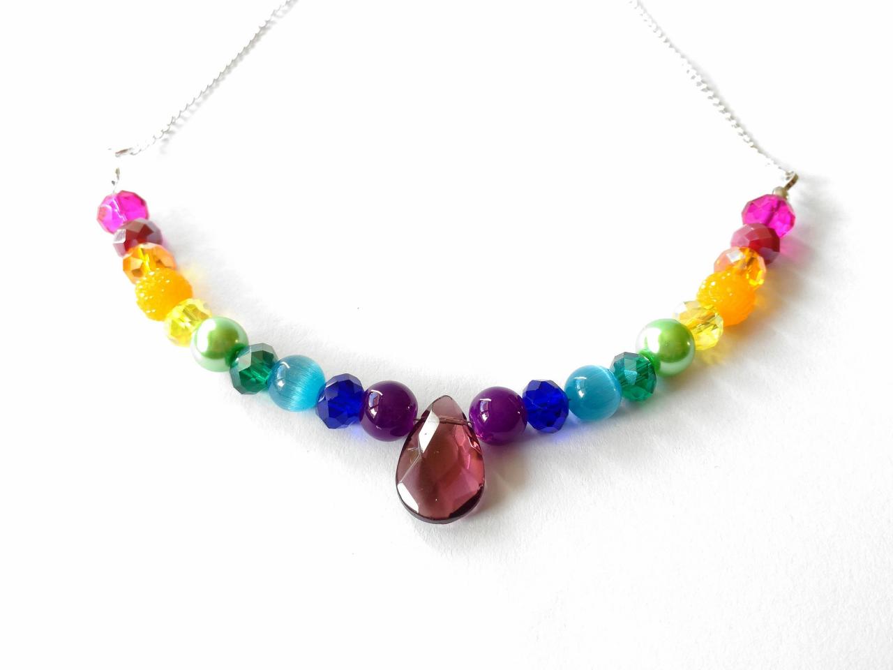 Rainbow Bead Necklace, 7 Chakra Necklace, Multicolor Beaded Necklace, Colorful Boho Necklace With Agate, Statement Jewelry, Gift For Her