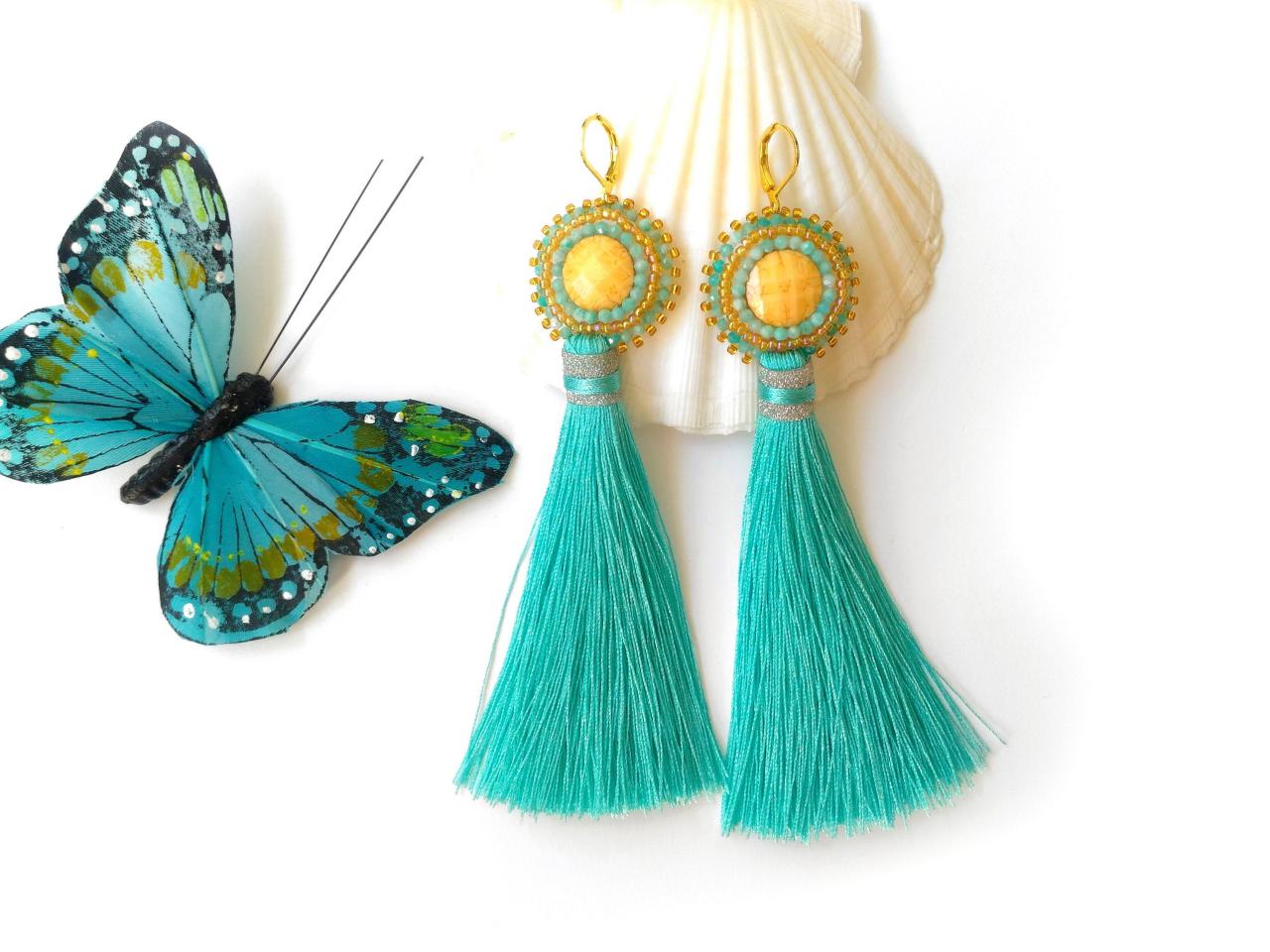 Long Tassel Earrings With Amazonite Gemstone, Turquoise And Yellow Bead Embroidery Earrings, Bohemian Statement Earrings With Cabochon