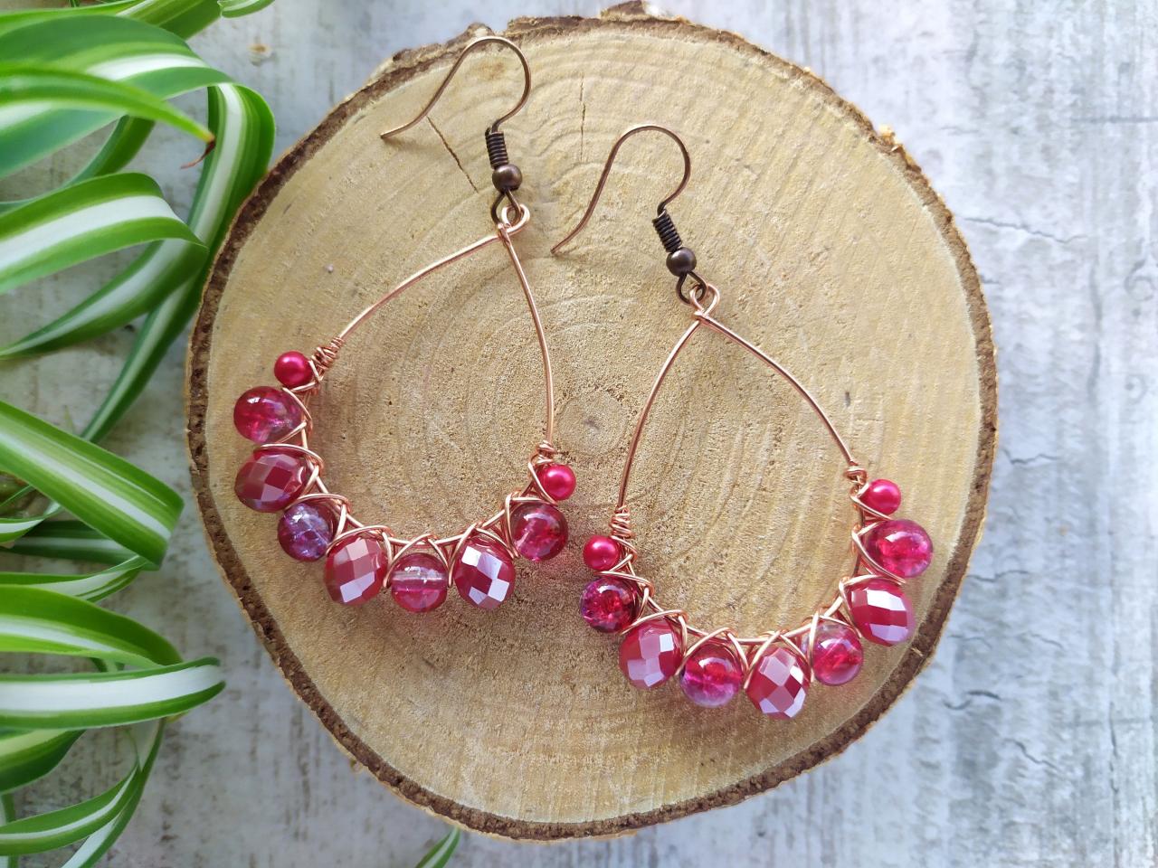 Red Beaded Earrings, Wire Wrapped Copper Hoops, Elegant Red Earrings, Bloody Red Earrings, Chandelier Earrings, Small Gift Ideas,red Dangles