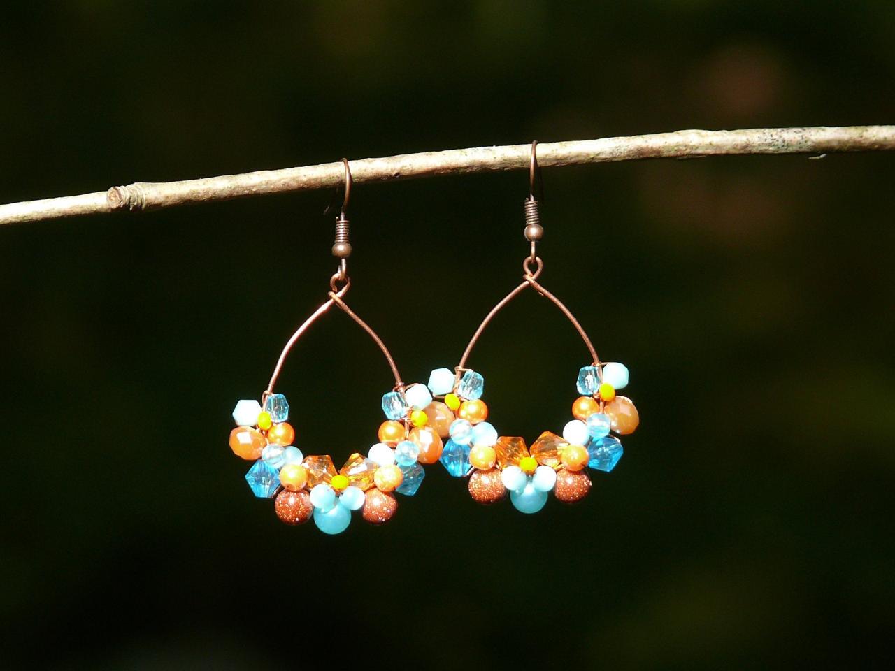 Orange And Blue Statement Earrings, Wire Wrapped Copper Earrings, Beaded Chandelier Earrings, Goldstone Earrings