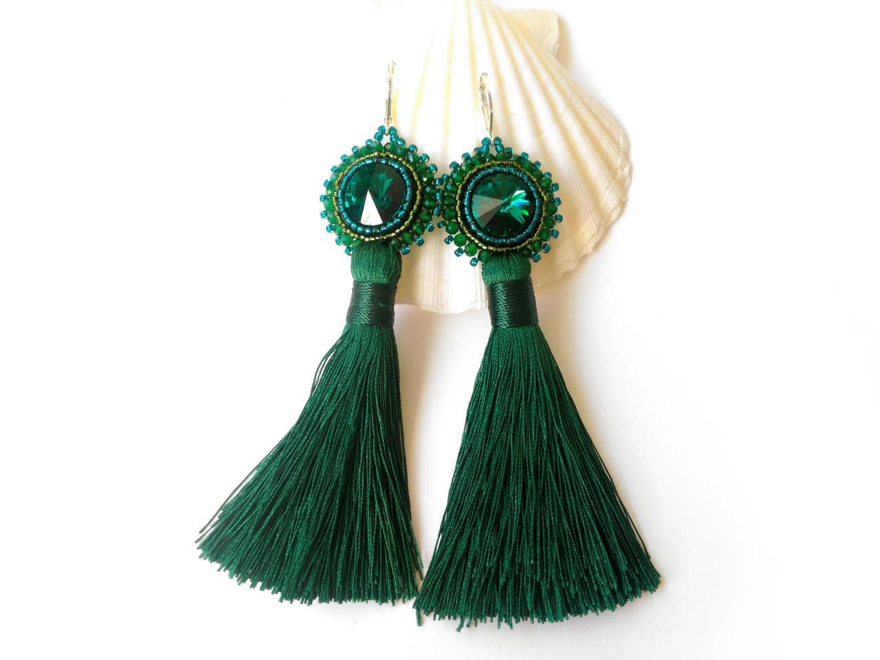 Swarovski Crystals Tassel Earrings, Long Emerald Green Bead Embroidery Earrings, Bohemian Statement Earrings With Swarovski Cabochon