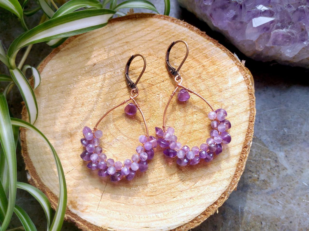Amethyst Earrings, February Birthstone Earrings, Genuine Amethyst Gemstone Earrings, Purple And Copper Wire Wrapped Earrings With Amethyst