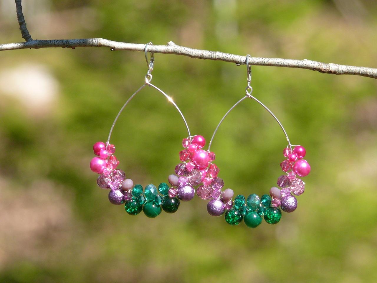 Tropical Hoop Earrings, Pink Purple Green Beaded Earrings, Statement Beach Earrings,purple Boho Earrings,wire Wrapped Earrings, Gift For Her