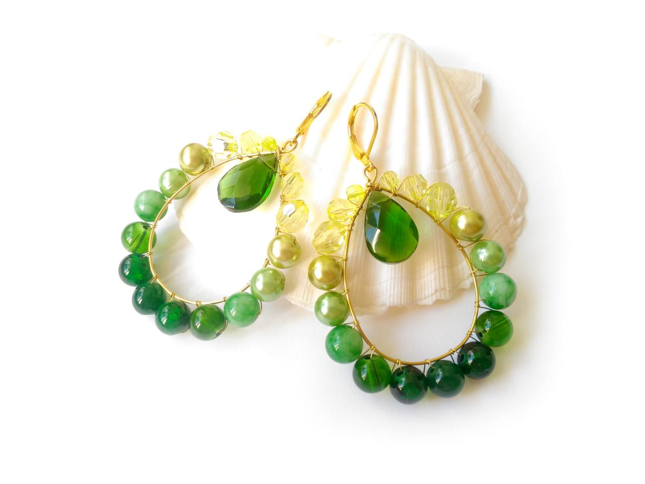 Green Jade Hoop Earrings, Long Green Ombre Earrings, 3 Inch Festival Hoops, Beaded Boho Earrings, Gift For Her, Green And Gold Earrings
