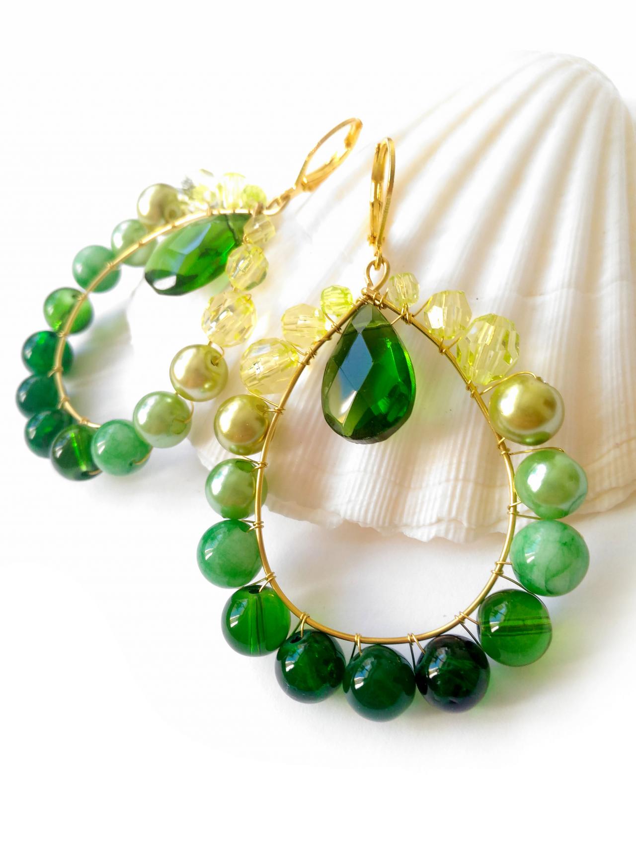 Green Jade Hoop Earrings, Long Green Ombre Earrings, 3 Inch Festival ...