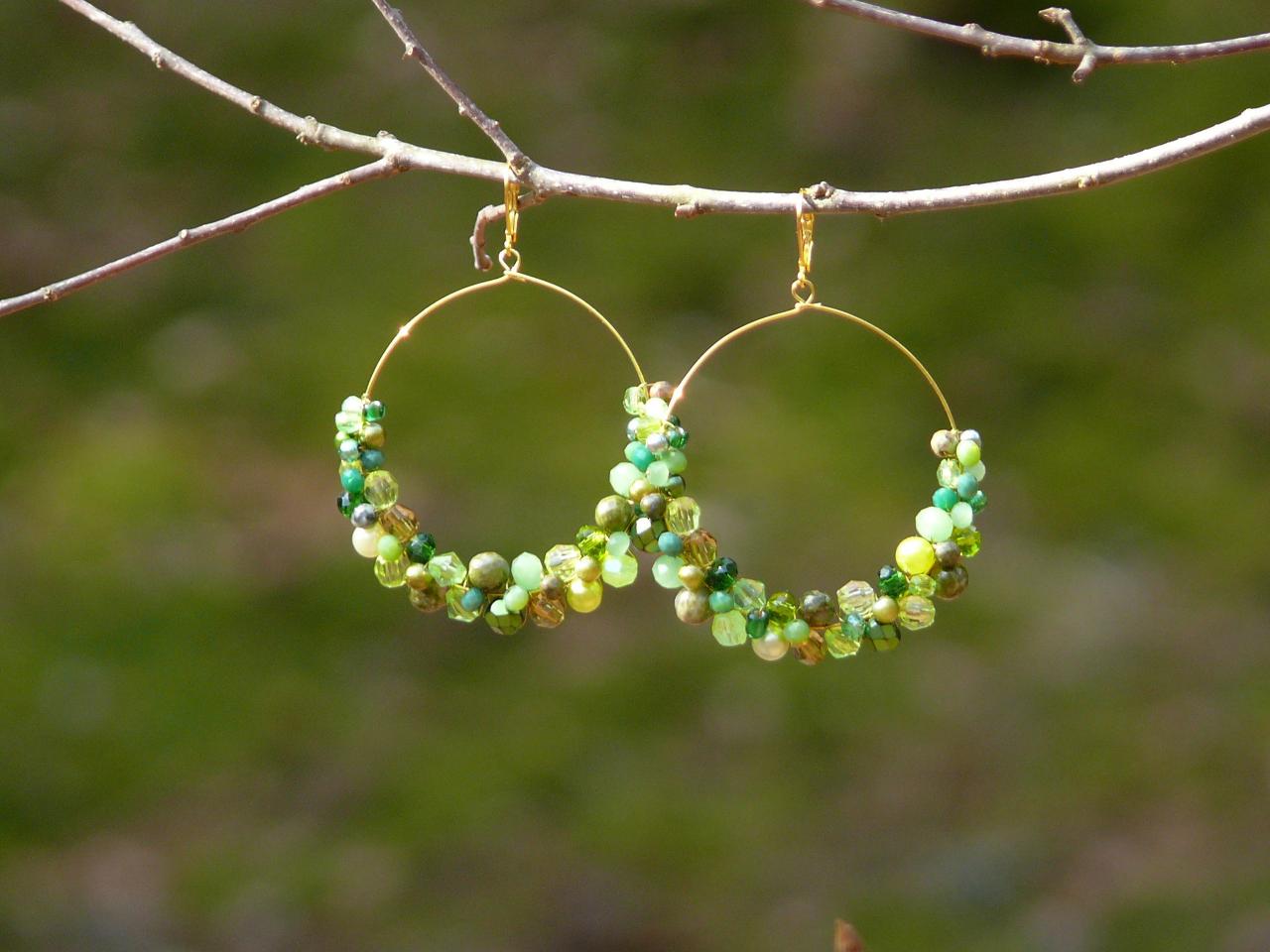 Big Green Hoop Earrings, Green And Gold Hoops, Green Boho Earrings, Wire Wrapped Gold Hoops,green Dangle Earrings, Green Chandelier Earrings