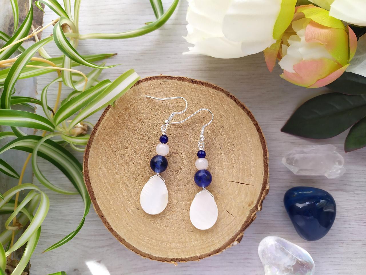 White And Blue Gemstone Earrings, Mother Of Pearl Quartz Agate Drop Earrings, Dainty White Blue Gemstone Drops, Crystal White Boho Dangles