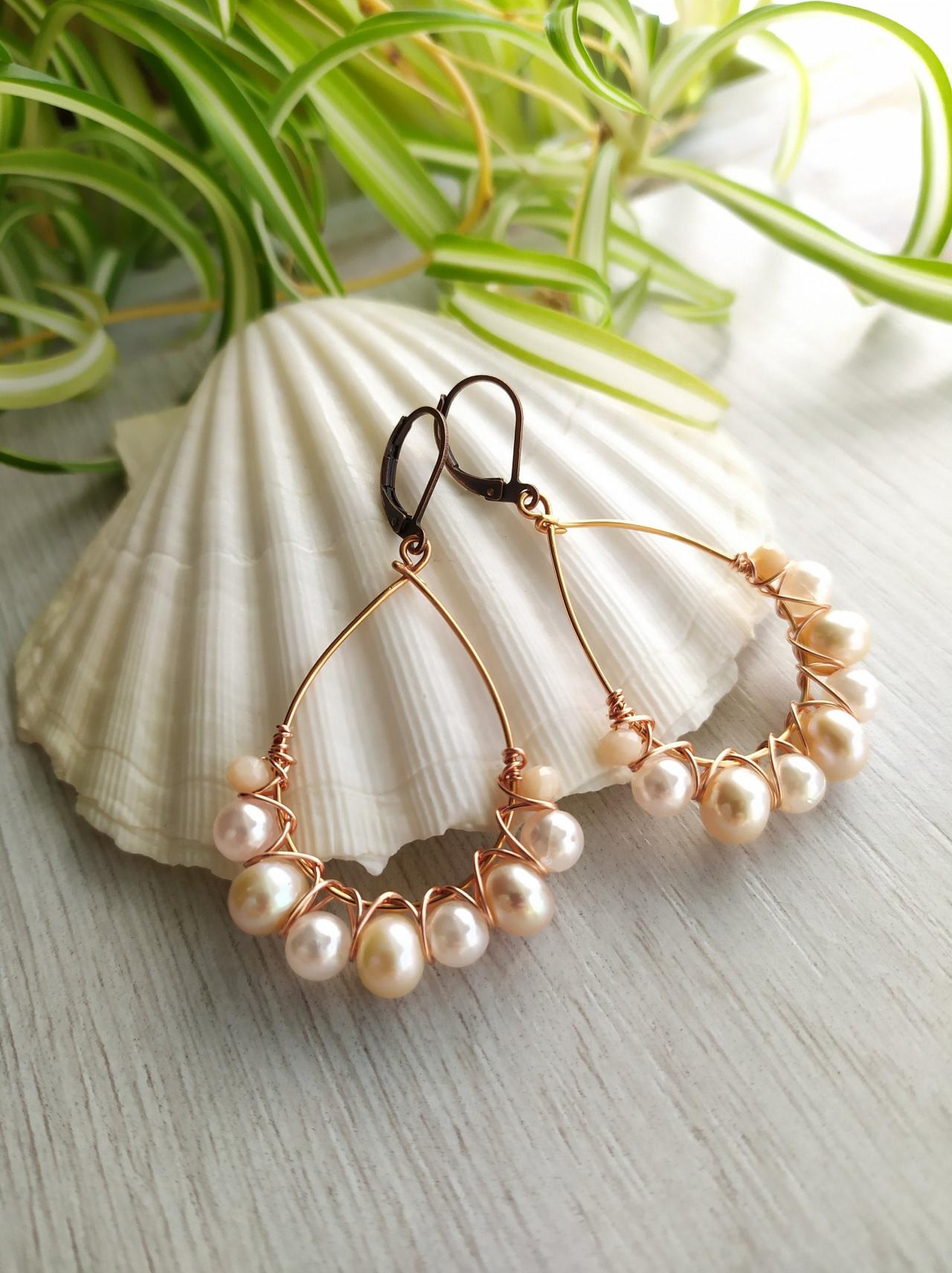 Fresh Water Pearl Hoops, Wire Wrapped Copper Hoop Earrings With Pearls,elegant Peach Pearl Dangles,beige Soft Pearl Chandeliers,gift For Her