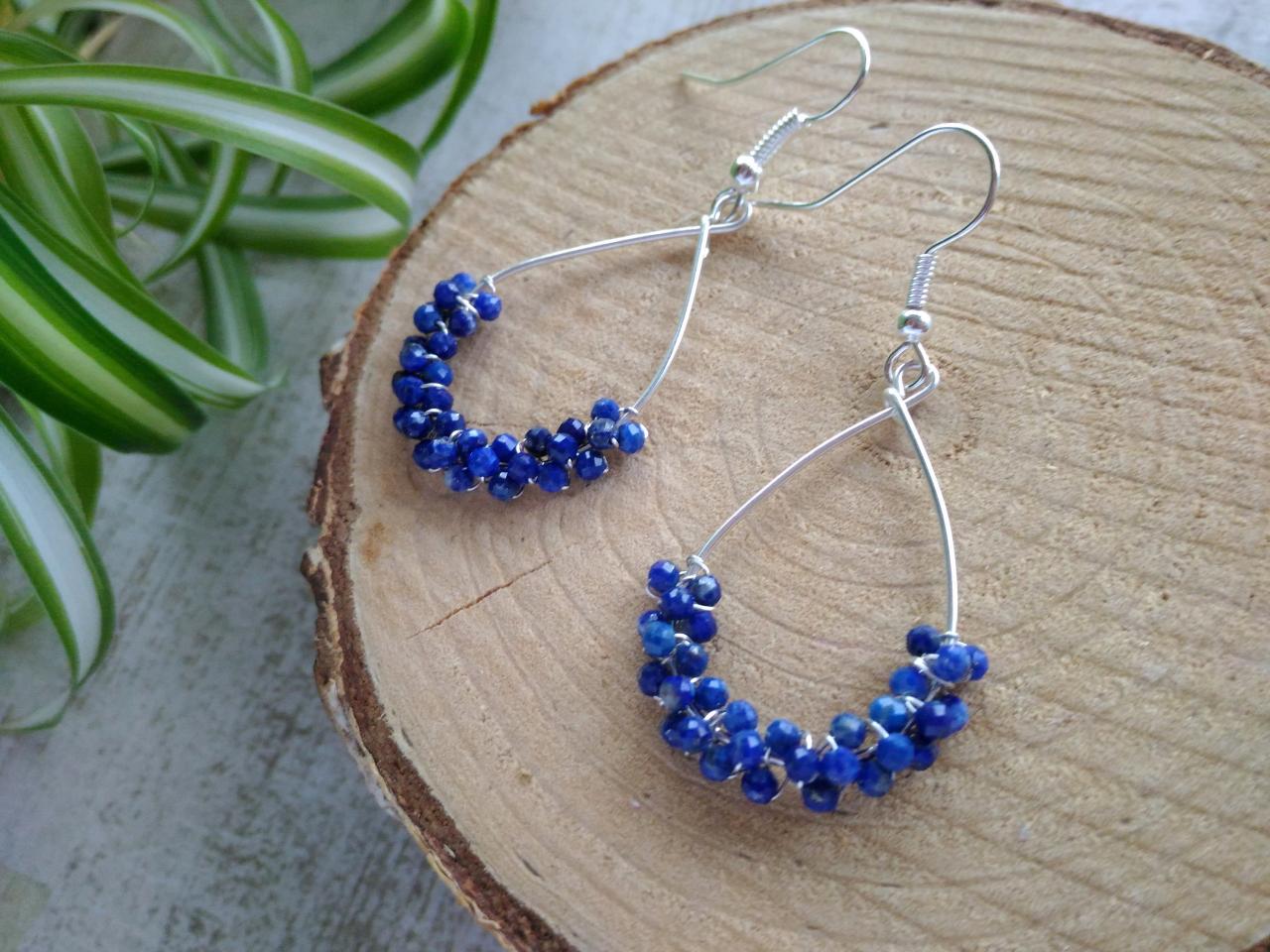 Dainty Lapis Lazuli Earrings, Wire Wrapped Hoops With Blue Gemstone,beaded Crystal Earrings,blue Boho Earrings, December Birthstone Earrings