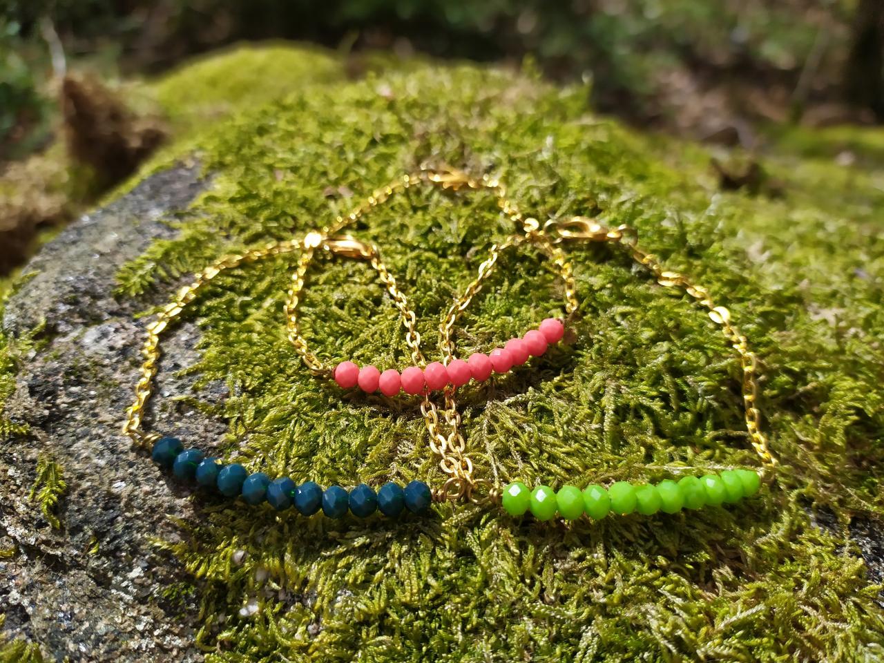 Dainty Gold Bracelet, Elegant Bracelet With Custom Length, Red Coral Green Beaded Bar Bracelet, Gold Chain Layering Bracelet