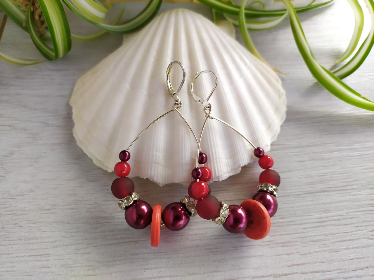 Red Hoop Earrings, Dark Red Dangle Earrings, Wire Red Hoops, Statement Earrings, Red And Silver Beaded Earrings, Bohemian Gift Earrings