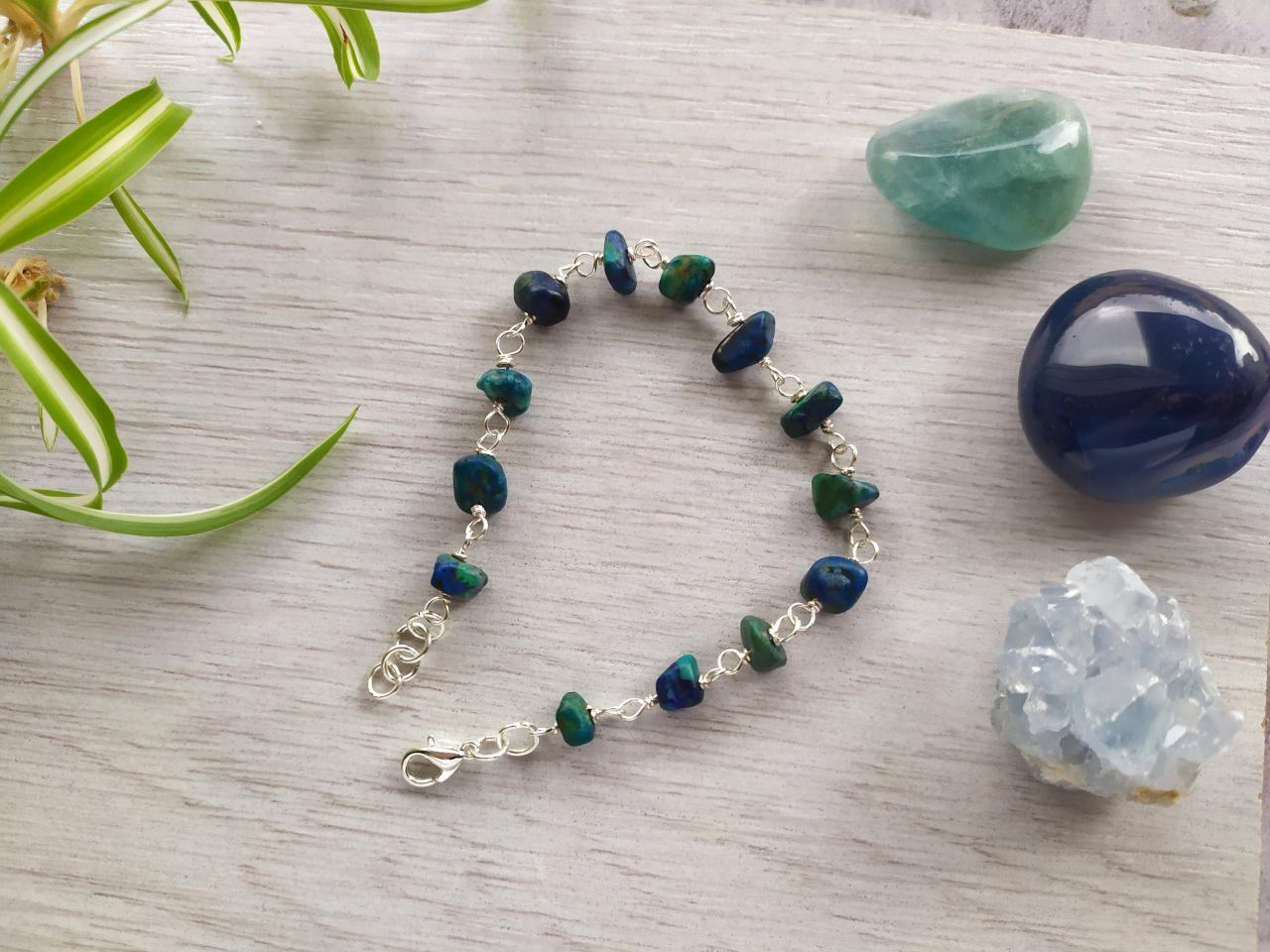 Turquoise Chrysocolla Bead Chain Bracelet, Blue Green Boho Gemstone Bracelet, Teal Natural Stone Bracelet, Gypsy Beach Bohemian Jewelry
