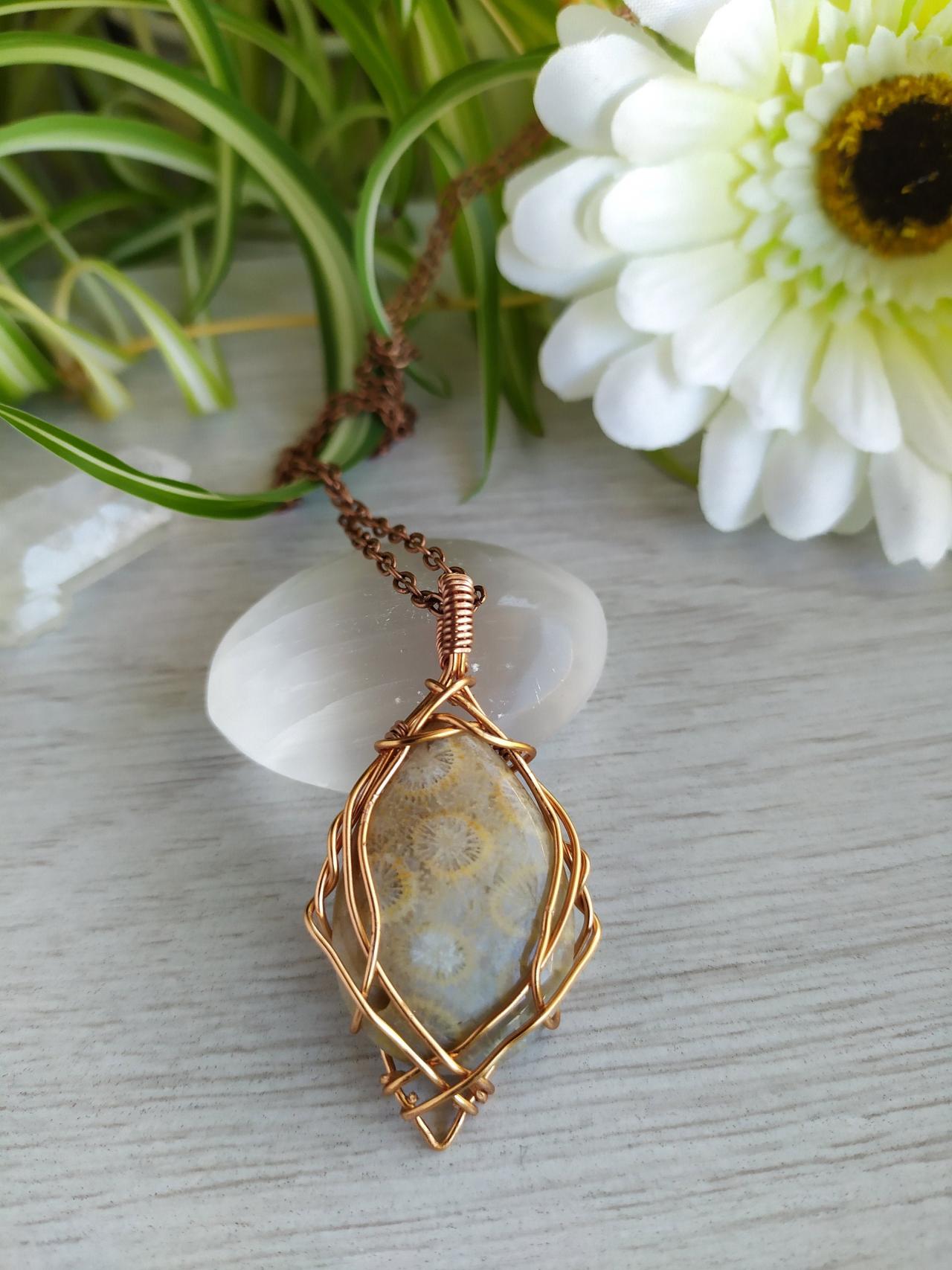 Coral Fossil Jasper Wire Wrapped Pendant, Beige Gemstone Necklace,tumbled Stone Copper Necklace,bohemian Jewelry,natural Stone Boho Necklace