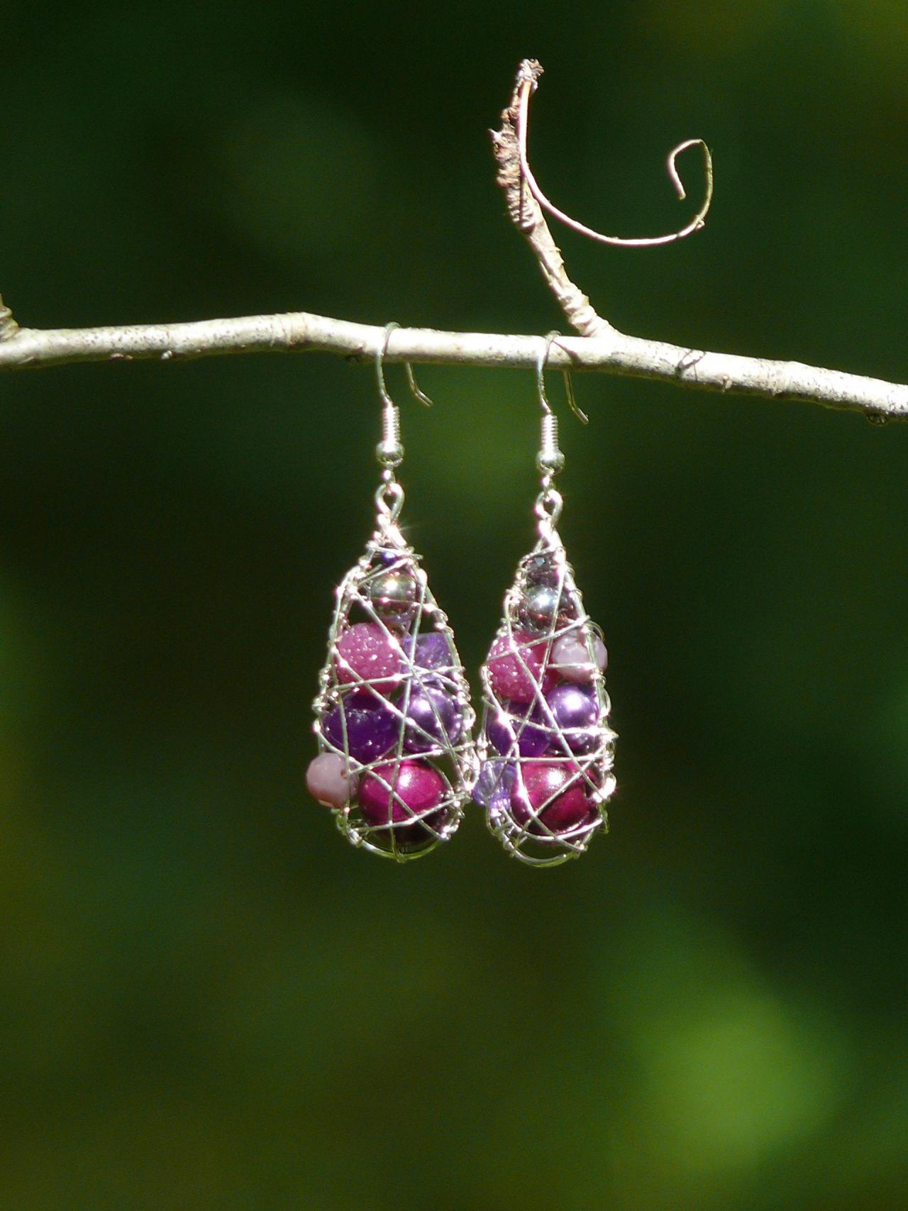 Purple Wire Wrapped Earrings, Violet Drop Earrings, Bohemian Dangle Earrings, Purple Boho Earrings, Elegant Plum Purple Earrings